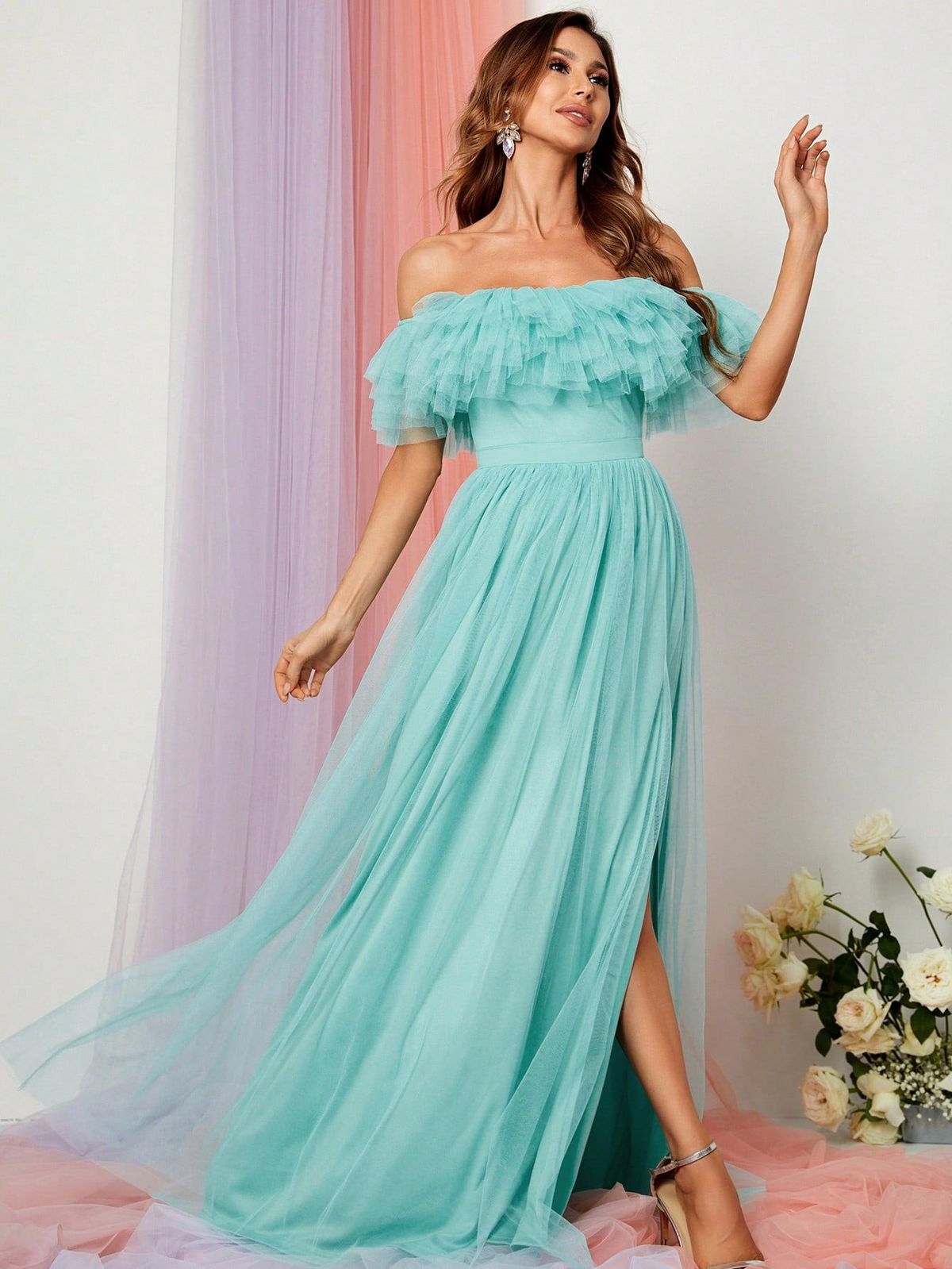 Style FSWD1087 Faeriesty Size L Off The Shoulder Sheer Light Green A-line Dress on Queenly