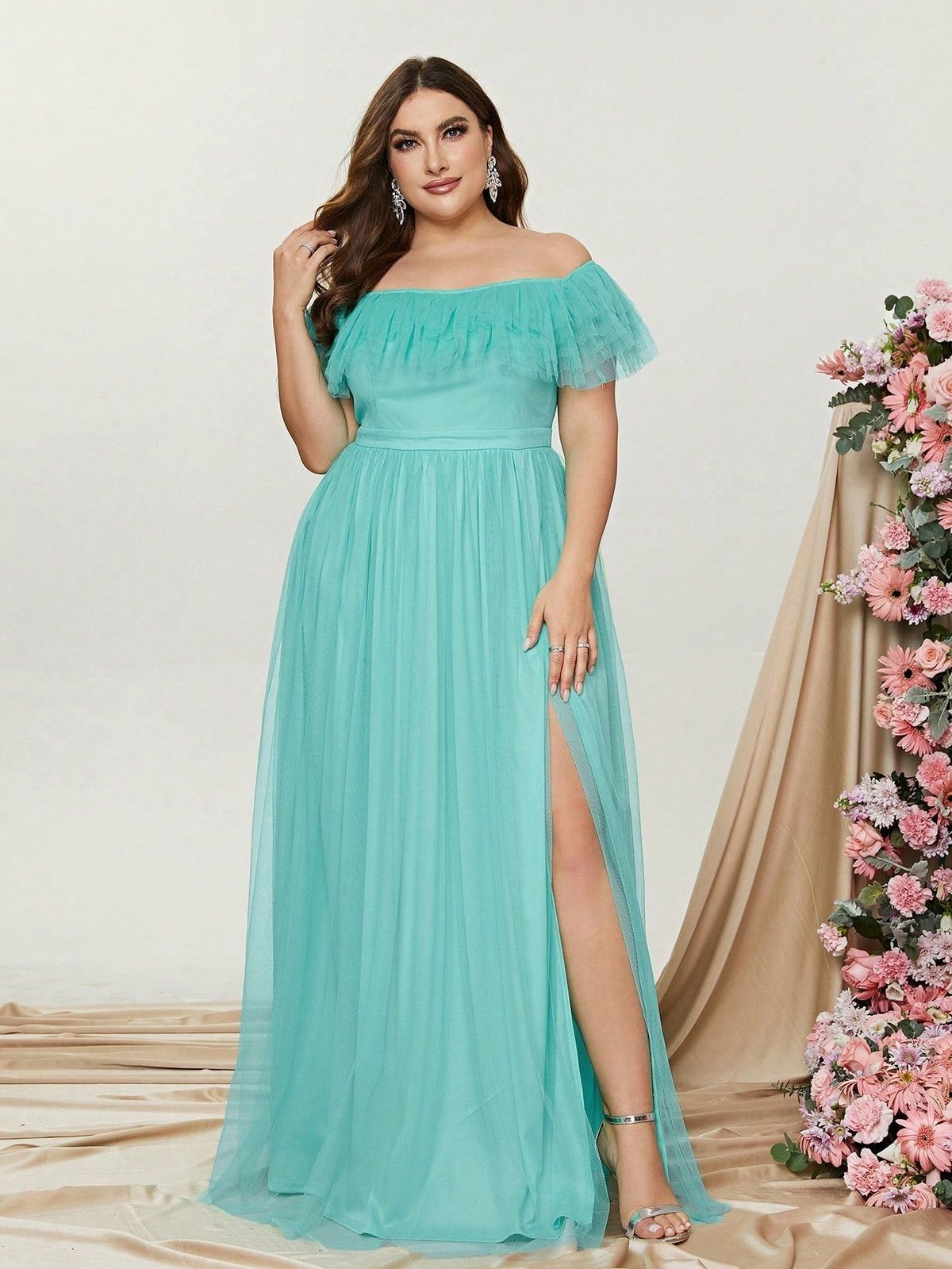 Style FSWD1087P Faeriesty Size 1X Off The Shoulder Sheer Light Green A-line Dress on Queenly