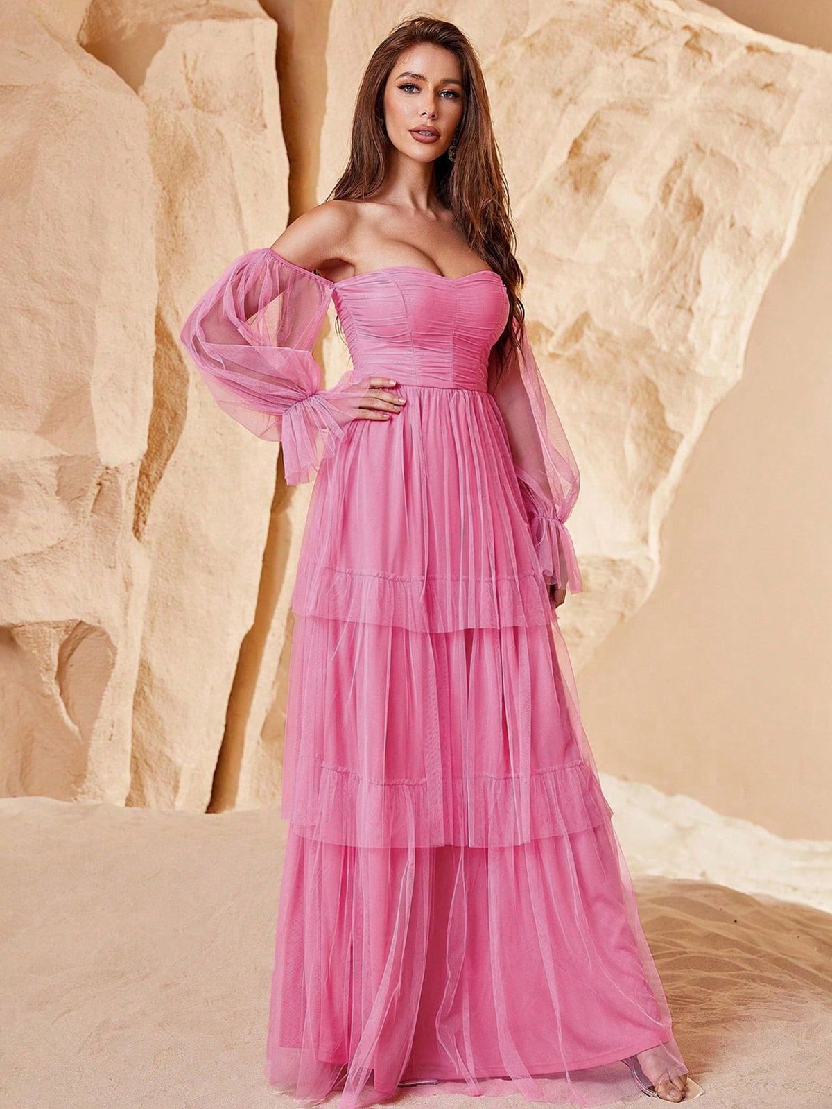 Style FSWD1109 Faeriesty Size S Off The Shoulder Sheer Hot Pink Floor Length Maxi on Queenly