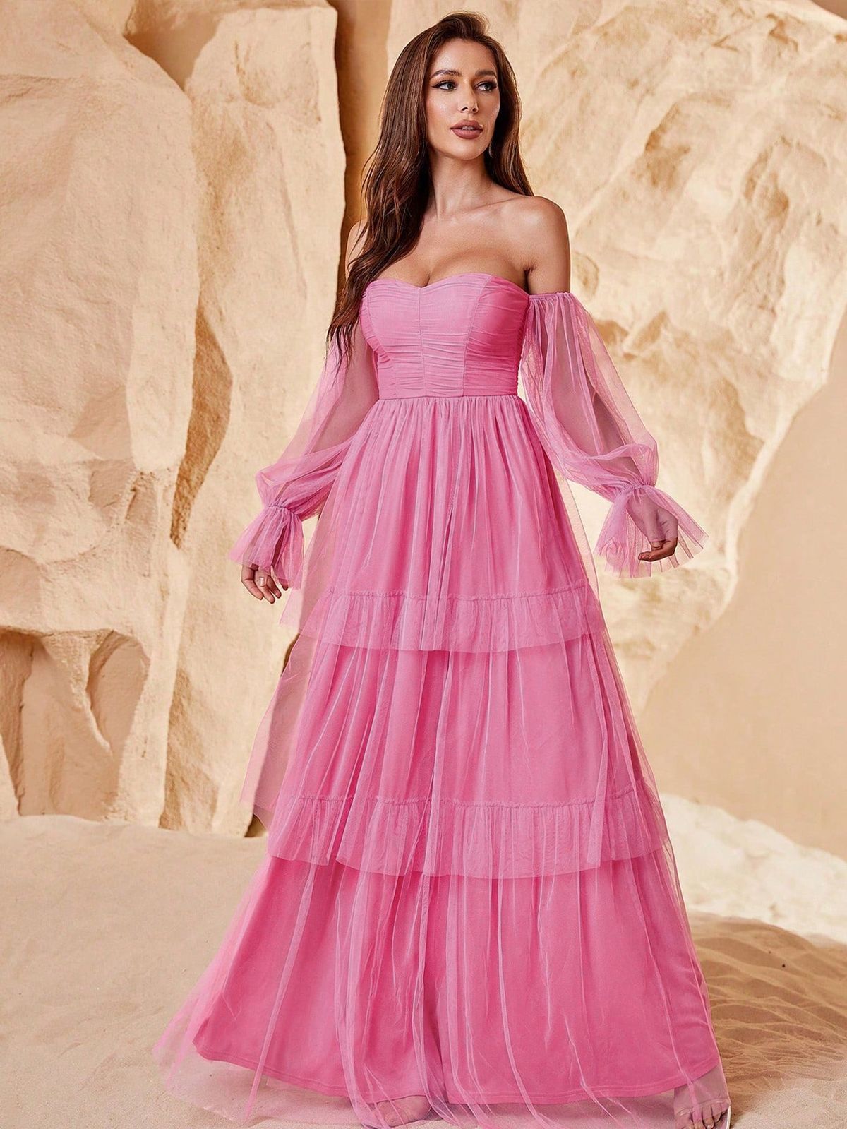 Style FSWD1109 Faeriesty Size L Off The Shoulder Sheer Hot Pink Floor Length Maxi on Queenly