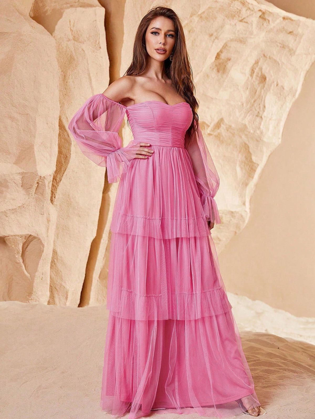 Style FSWD1109 Faeriesty Size XL Off The Shoulder Sheer Hot Pink Floor Length Maxi on Queenly