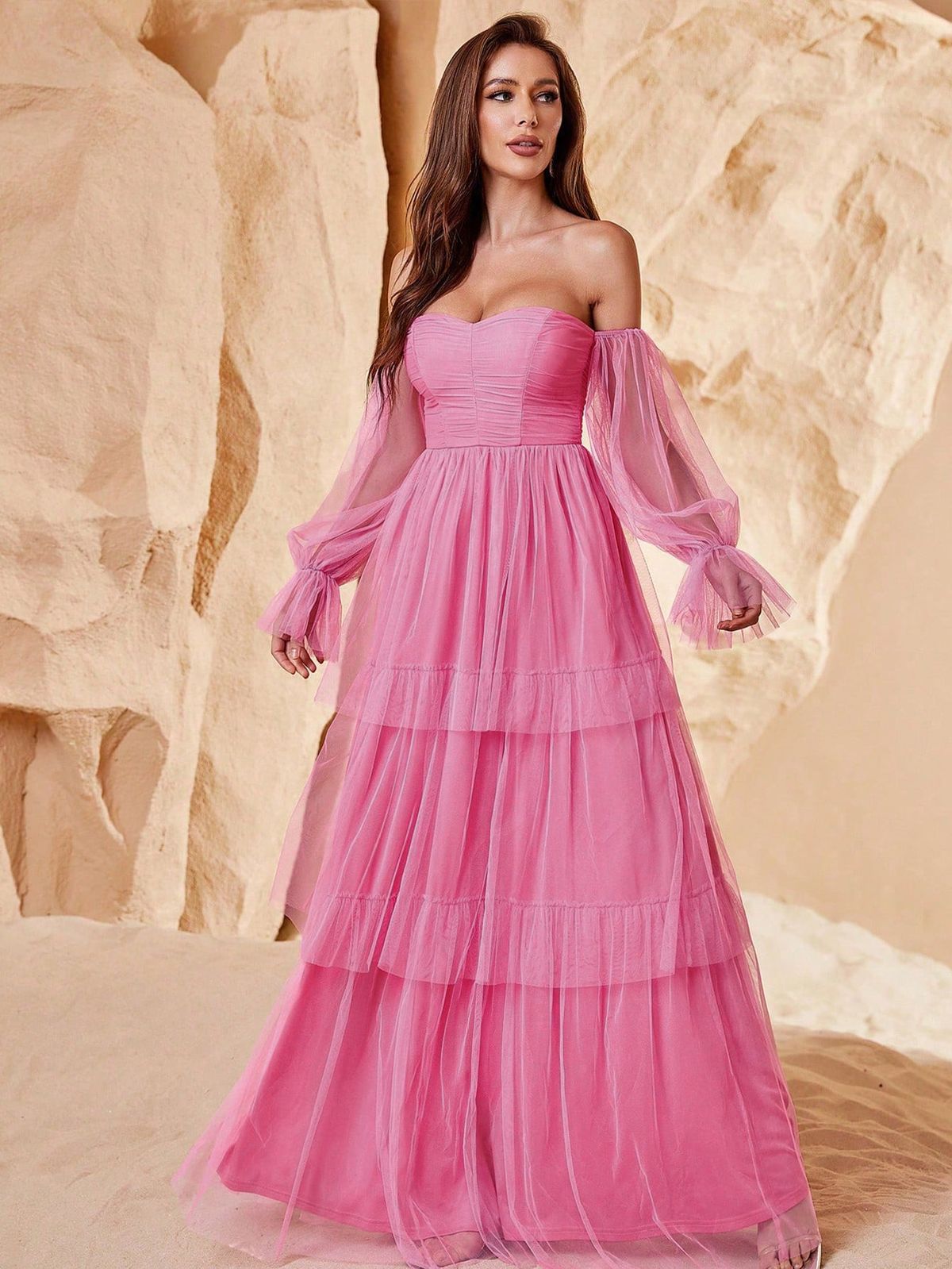 Style FSWD1109 Faeriesty Size XL Off The Shoulder Sheer Hot Pink Floor Length Maxi on Queenly