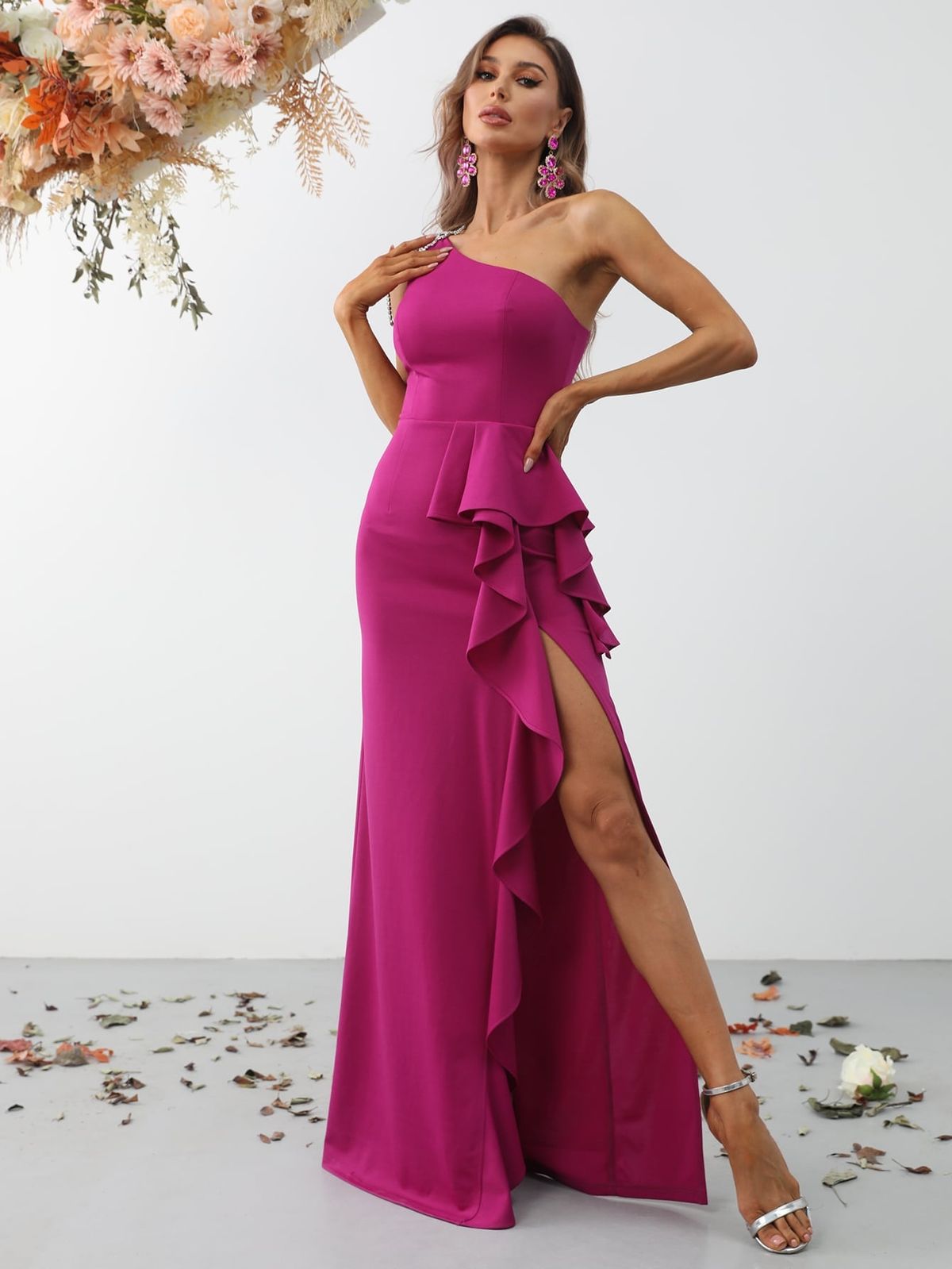 Style FSWD0826 Faeriesty Size L One Shoulder Hot Pink Side Slit Dress on Queenly