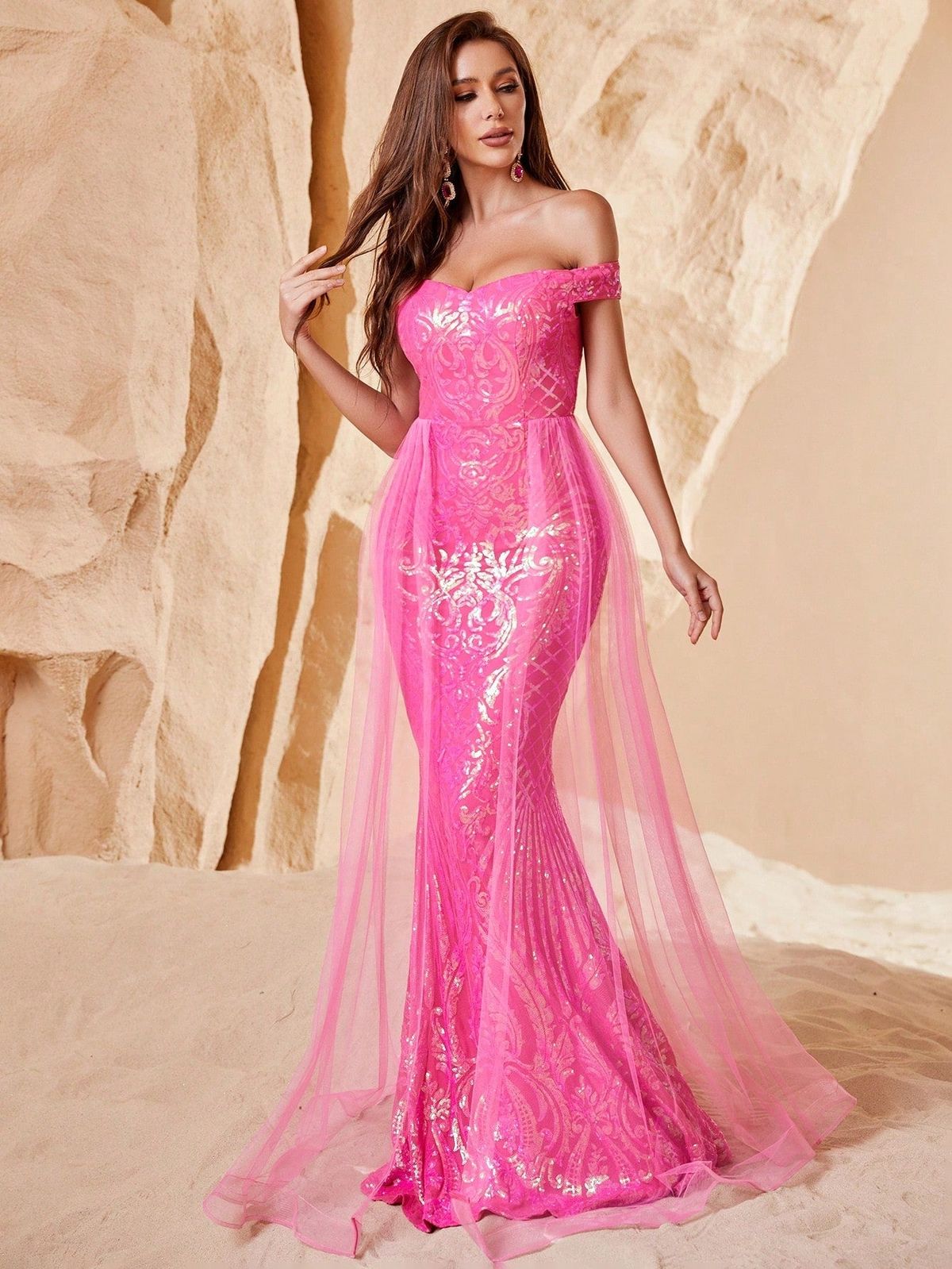 Style FSWD0682 Faeriesty Size XL Prom Off The Shoulder Hot Pink Mermaid Dress on Queenly