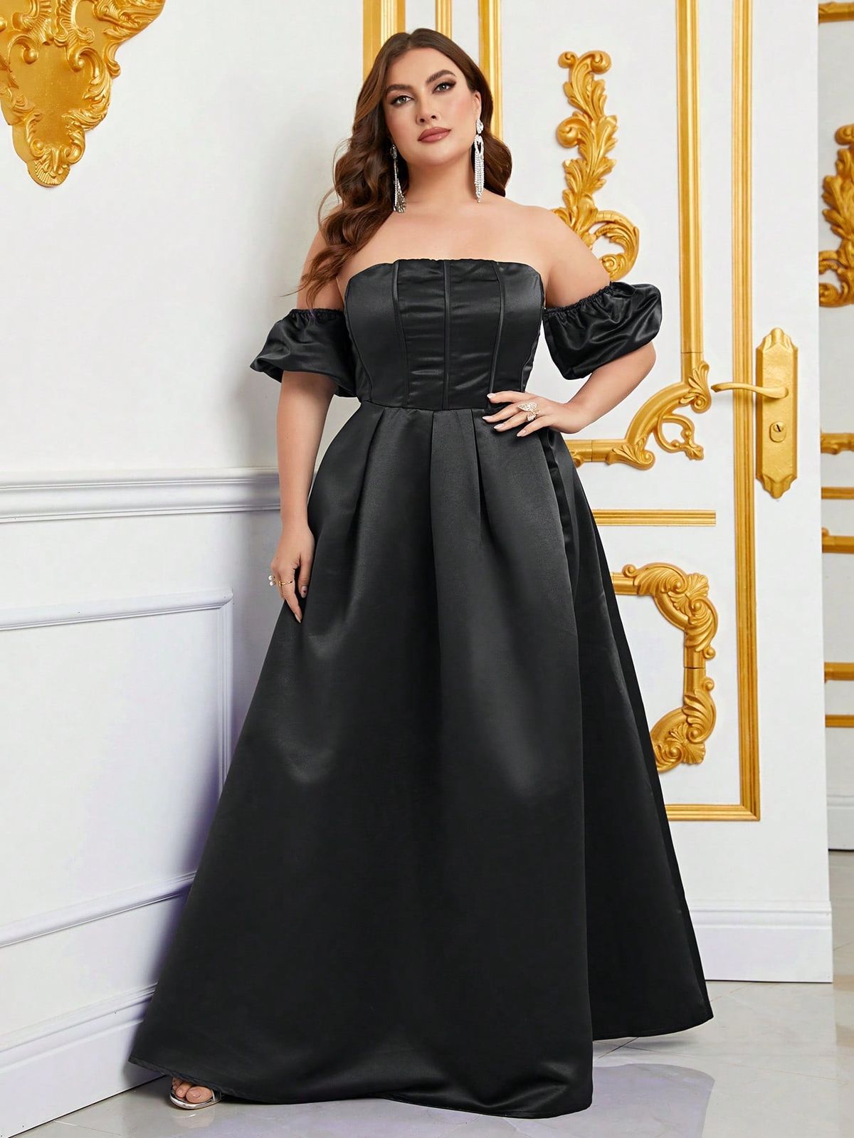 Style FSWD0793P Faeriesty Size 1X Off The Shoulder Satin Black Floor Length Maxi on Queenly