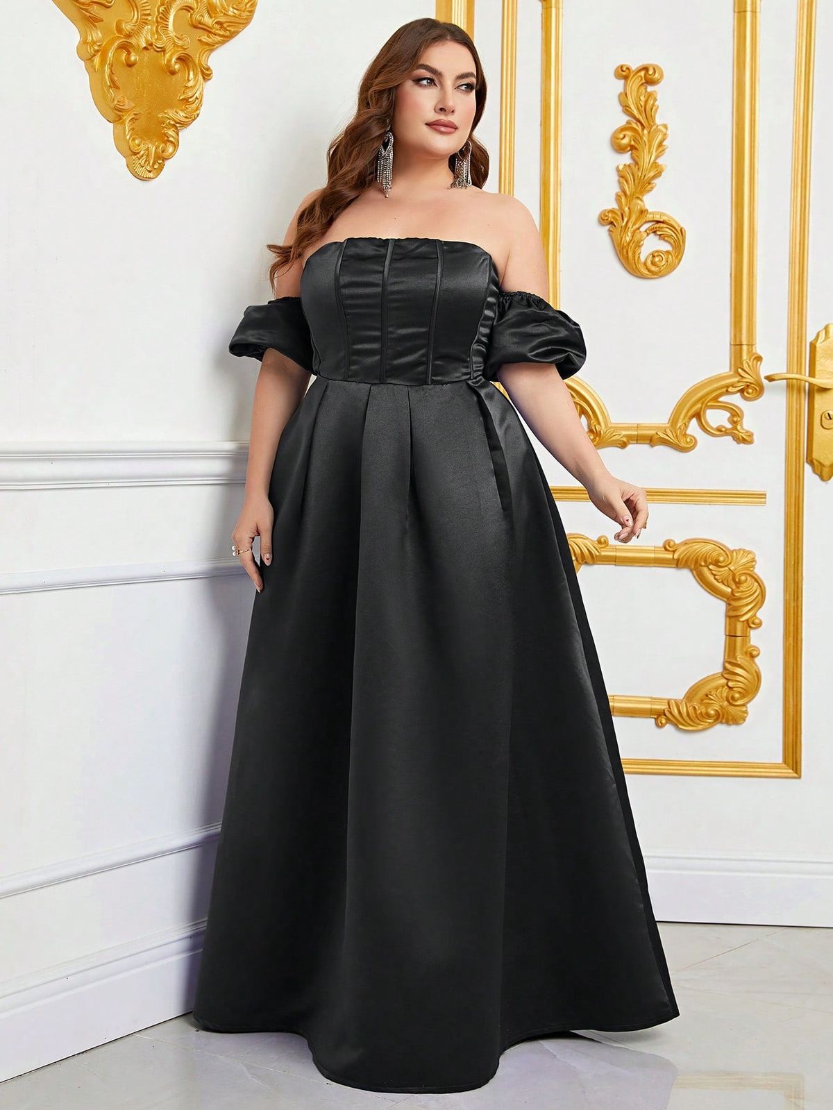 Style FSWD0793P Faeriesty Size 4X Off The Shoulder Satin Black Floor Length Maxi on Queenly