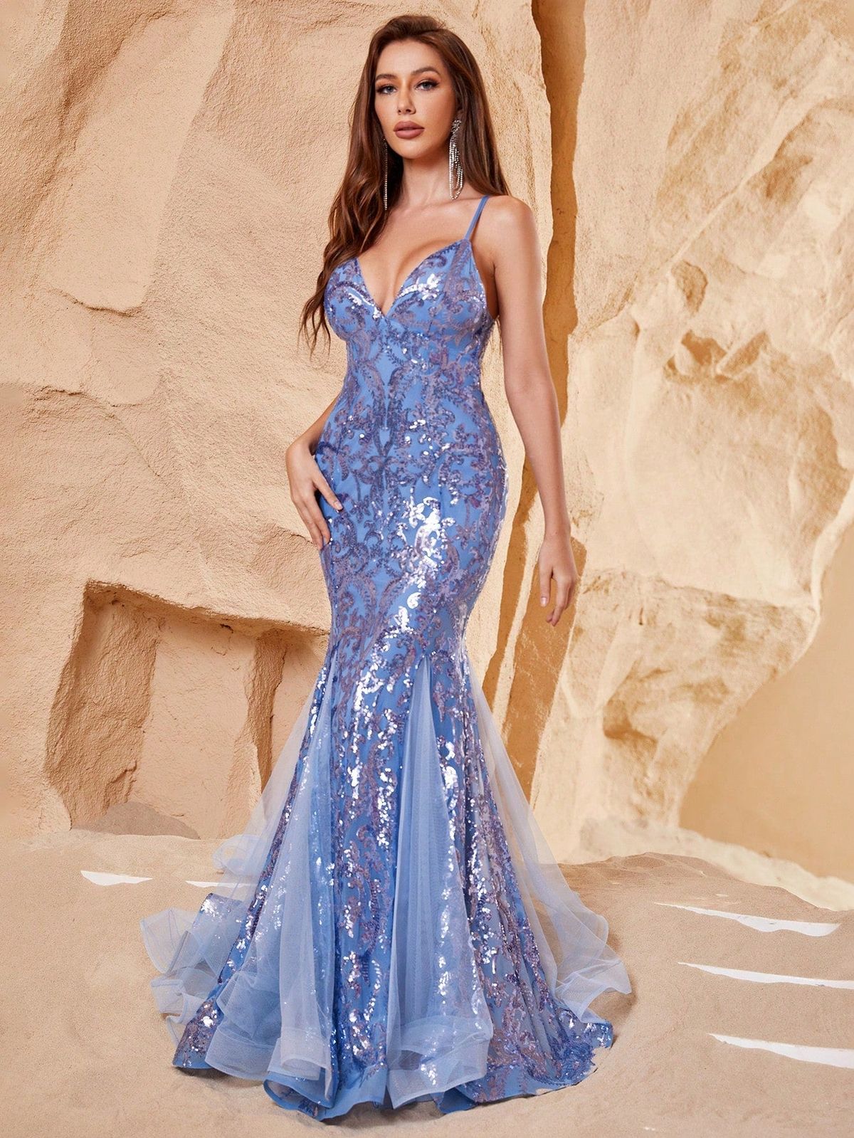 Style FSWD0673 Faeriesty Size L Prom Sheer Blue Mermaid Dress on Queenly