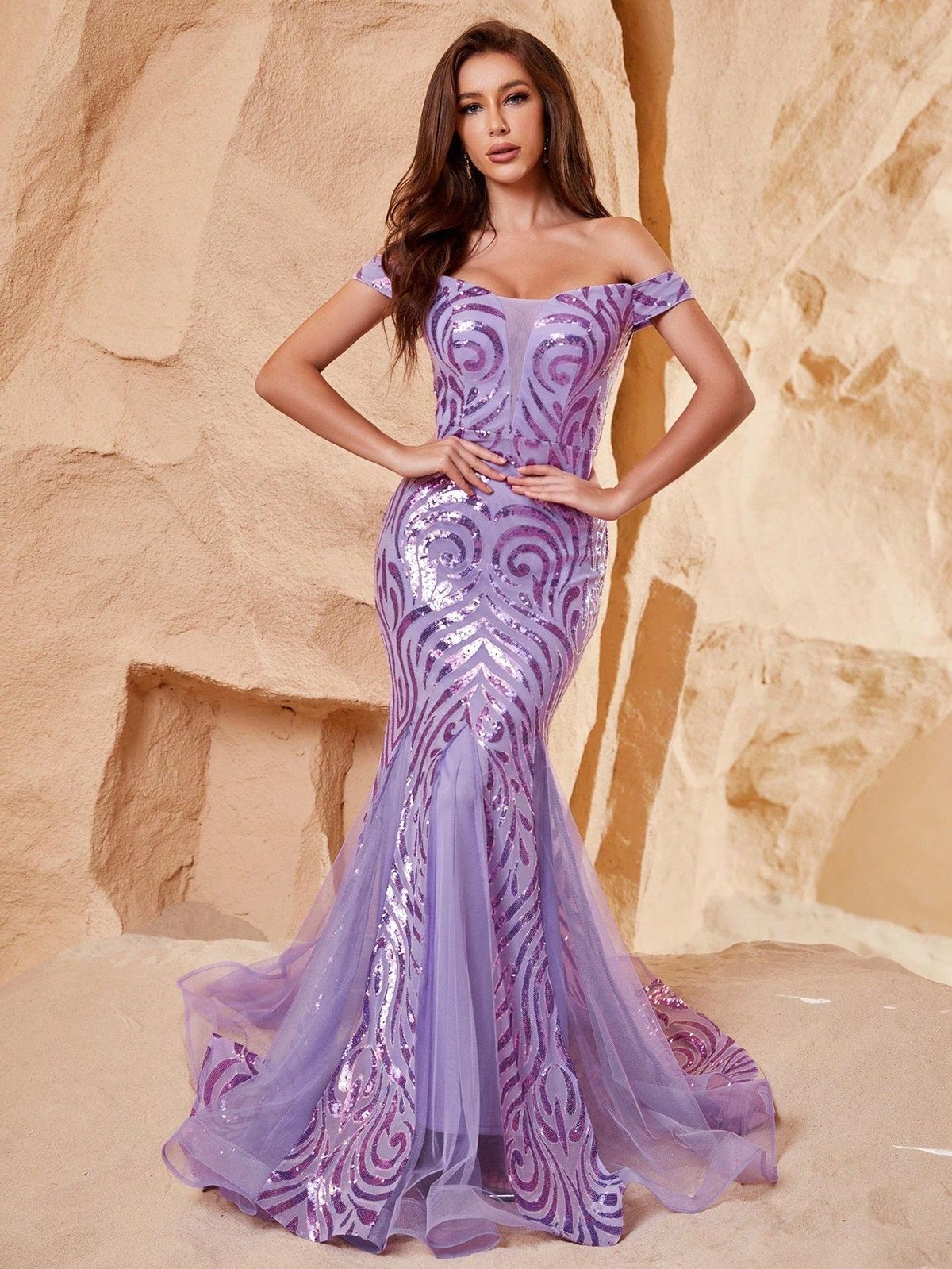 Style FSWD1142 Faeriesty Size XS Off The Shoulder Sheer Purple Mermaid Dress on Queenly