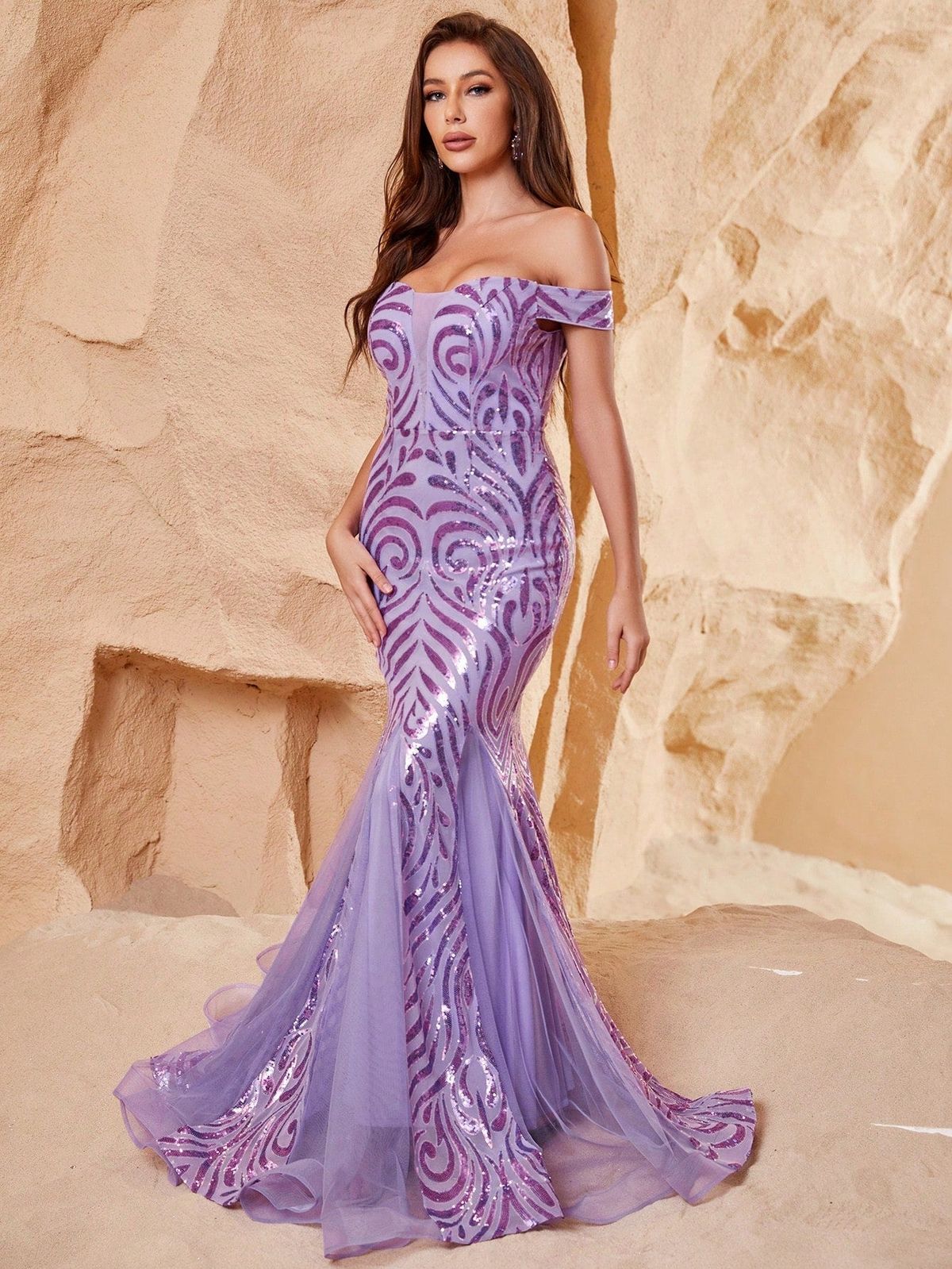 Style FSWD1142 Faeriesty Size L Off The Shoulder Sheer Purple Mermaid Dress on Queenly