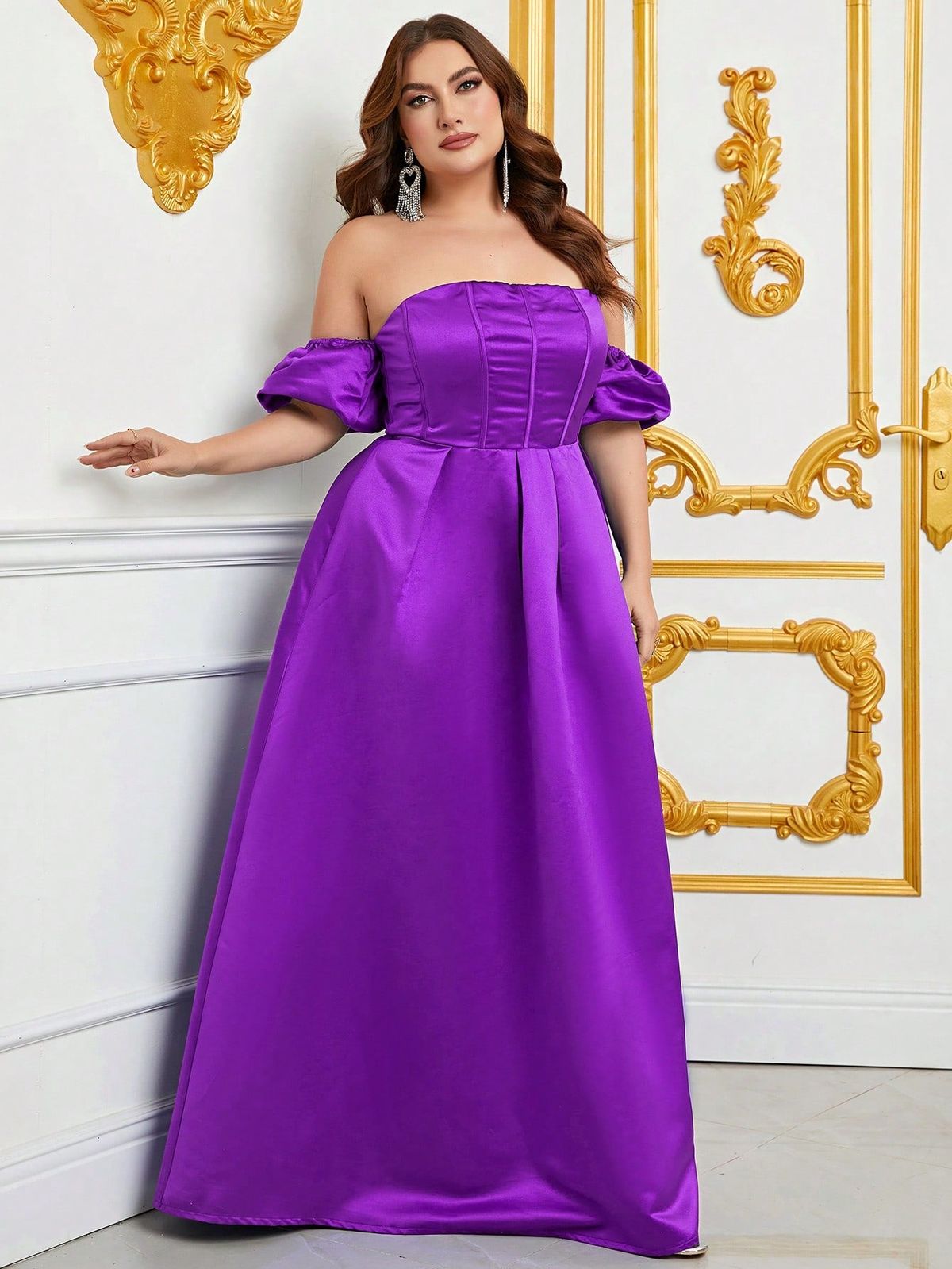 Style FSWD0793P Faeriesty Size 1X Off The Shoulder Satin Purple Floor Length Maxi on Queenly