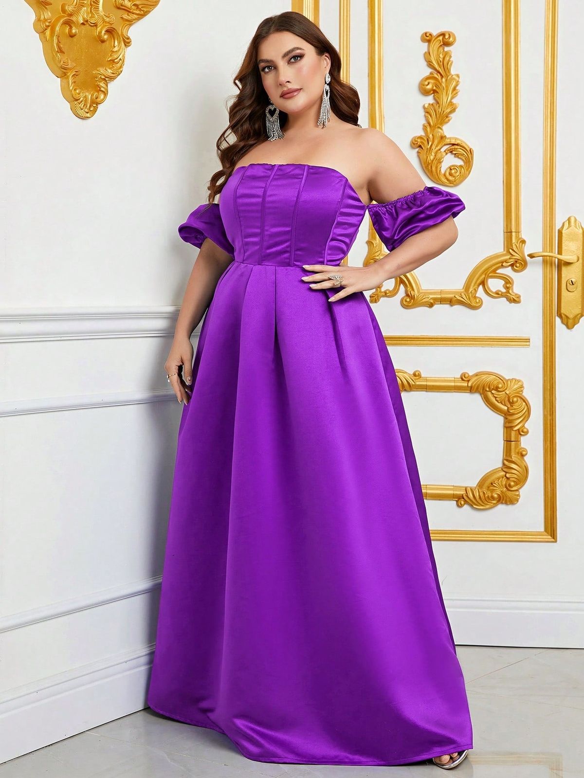 Style FSWD0793P Faeriesty Size 2X Off The Shoulder Satin Purple Floor Length Maxi on Queenly