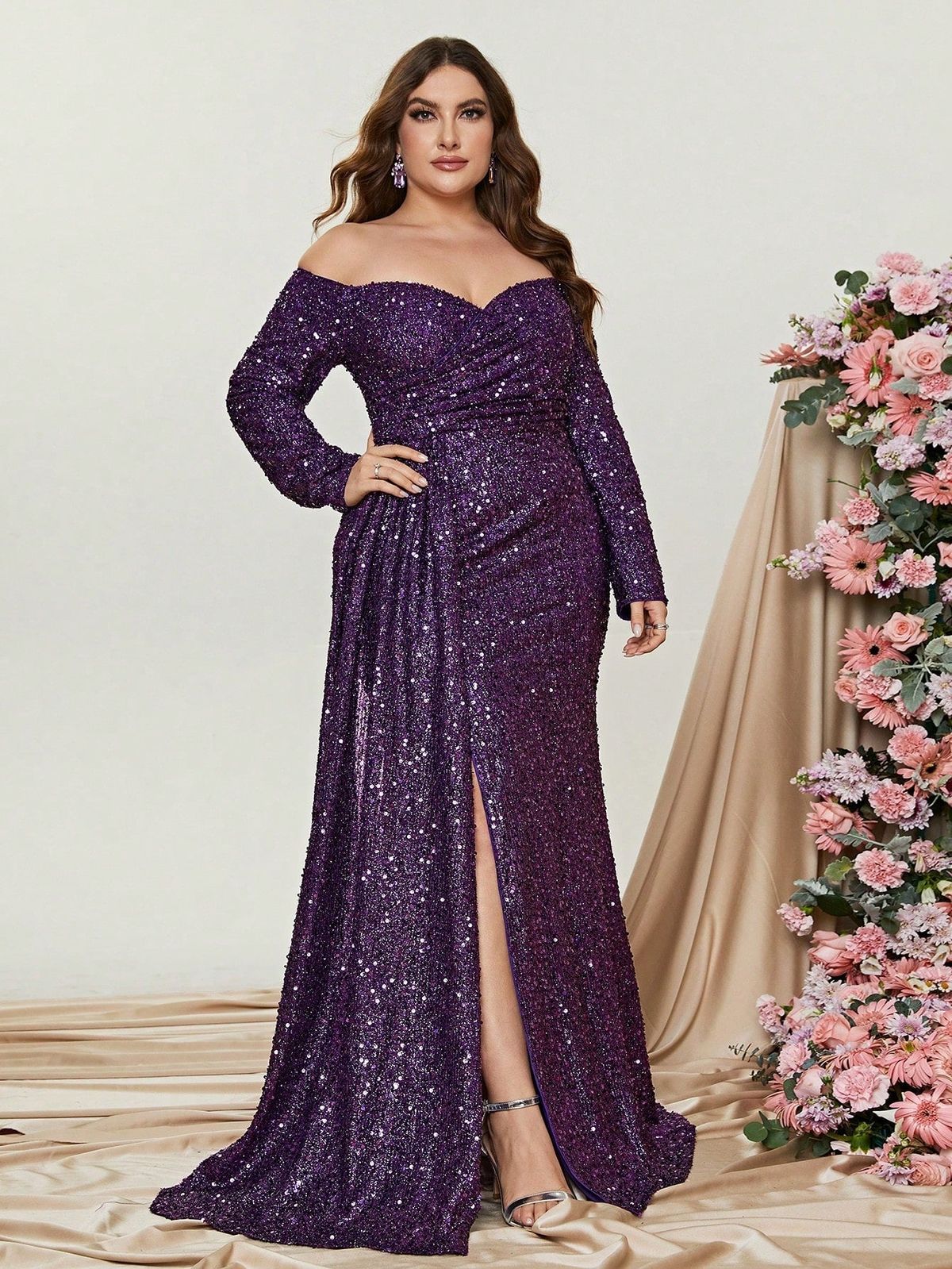 Style FSWD0392P Faeriesty Size 1X Long Sleeve Purple Side Slit Dress on Queenly