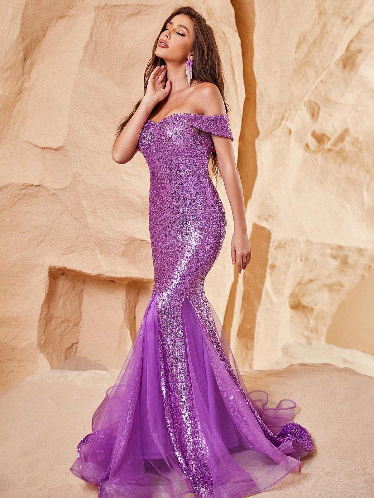 Style FSWD1058 Faeriesty Size M Off The Shoulder Sheer Purple Mermaid Dress on Queenly