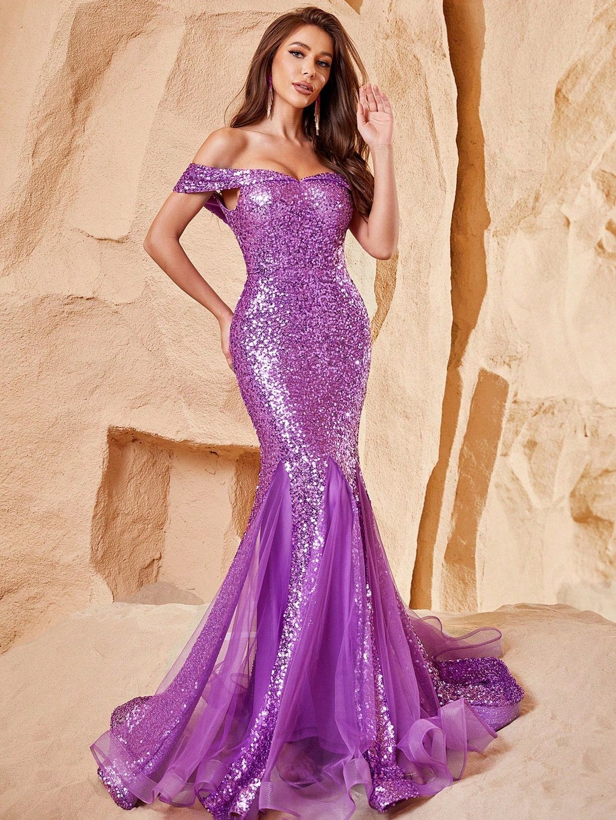 Style FSWD1058 Faeriesty Size XL Off The Shoulder Sheer Purple Mermaid Dress on Queenly