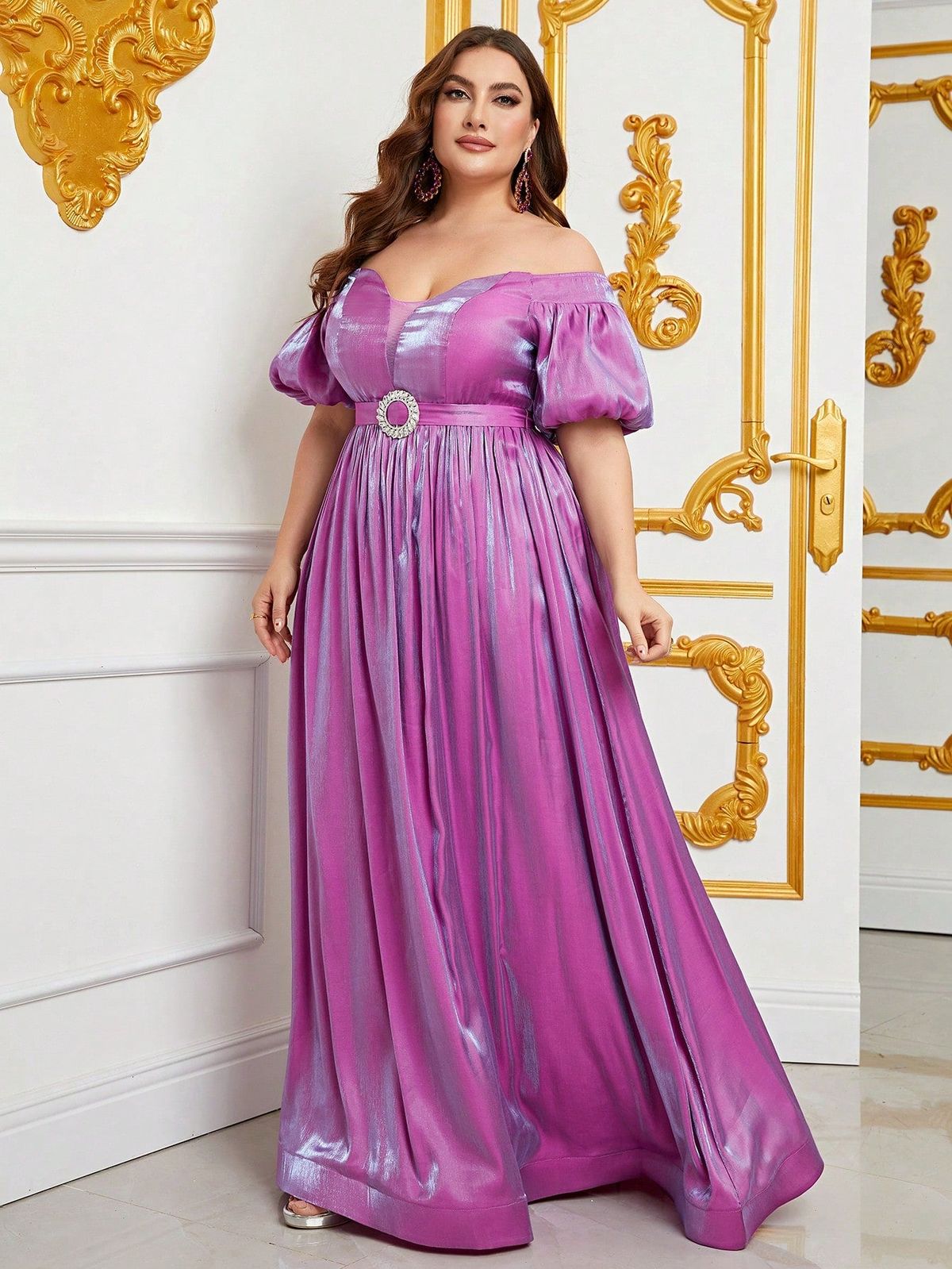 Style FSWD0890P Faeriesty Size 2X Off The Shoulder Purple A-line Dress on Queenly