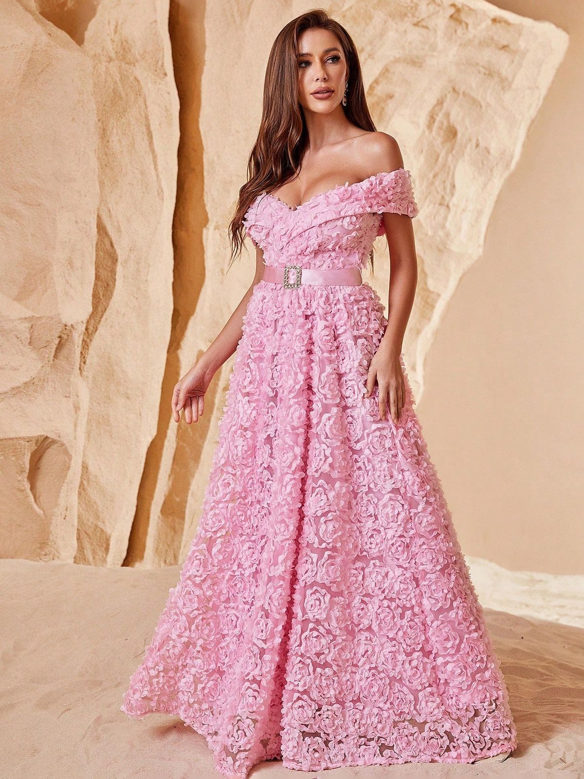 Style FSWD1054 Faeriesty Size XS Off The Shoulder Sequined Pink Floor Length Maxi on Queenly