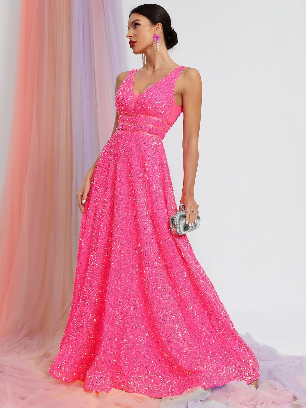 Style FSWD0448 Faeriesty Size XS Plunge Sheer Hot Pink Floor Length Maxi on Queenly