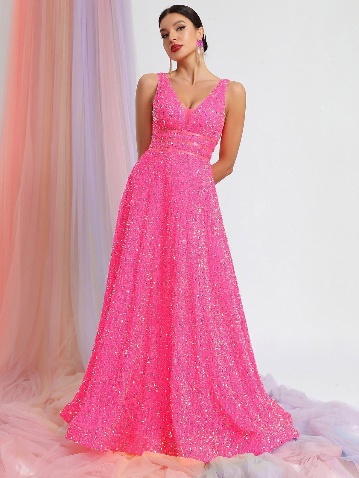 Style FSWD0448 Faeriesty Size XS Plunge Sheer Hot Pink Floor Length Maxi on Queenly