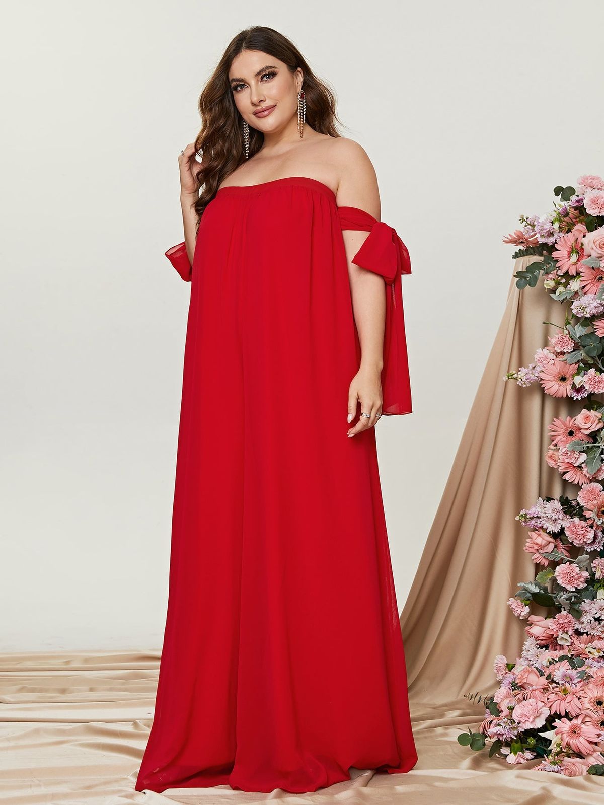Style FSWB0032P Faeriesty Size 1X Off The Shoulder Red Formal Jumpsuit on Queenly