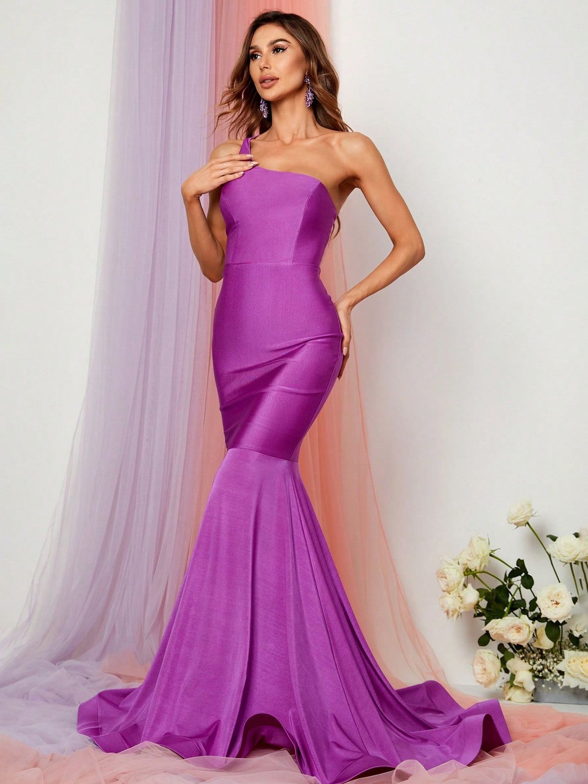 Style FSWD0773 Faeriesty Size M Prom One Shoulder Satin Purple Mermaid Dress on Queenly