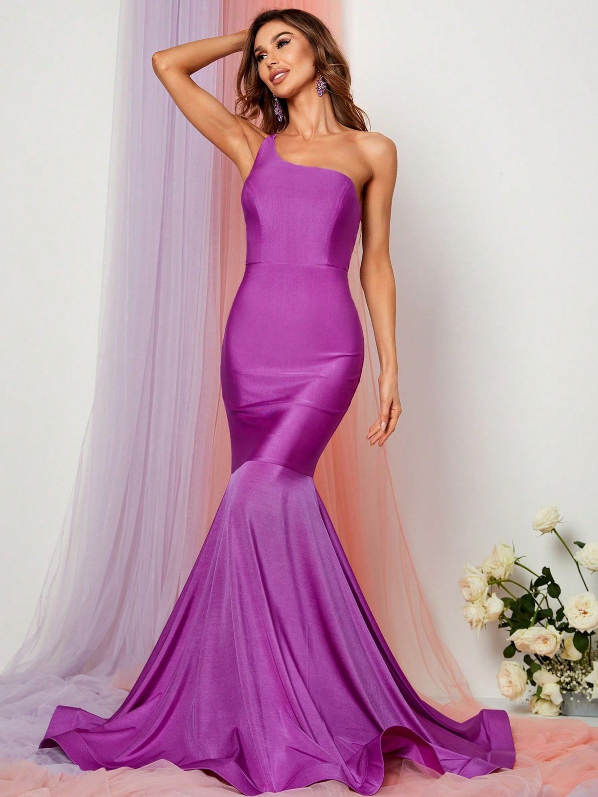 Style FSWD0773 Faeriesty Size M Prom One Shoulder Satin Purple Mermaid Dress on Queenly