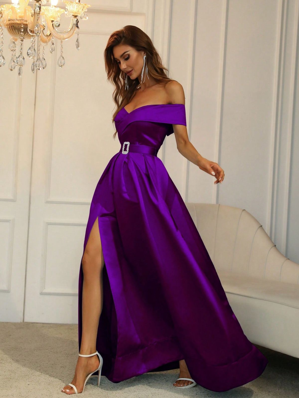 Style FSWD0195 Faeriesty Size XL Prom Off The Shoulder Satin Purple Ball Gown on Queenly