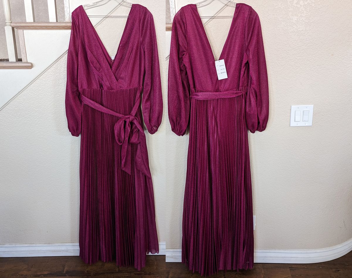 Style Magenta Metallic Long Sleeve Pleated Tie Waist A-line Formal Dress Plus Size 16 Wedding Guest Long Sleeve Pink Ball Gown on Queenly