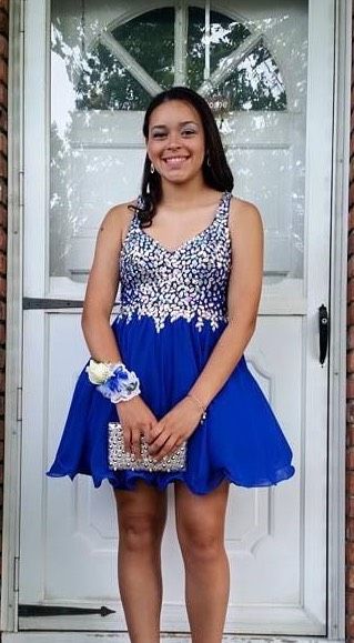 Dancing Queen Size L Prom Sequined Blue A-line Dress on Queenly