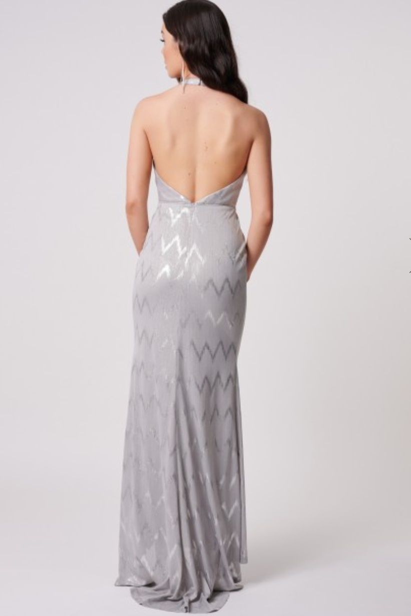 Style mn206002 Forever Unique Size 4 Halter Silver Side Slit Dress on Queenly