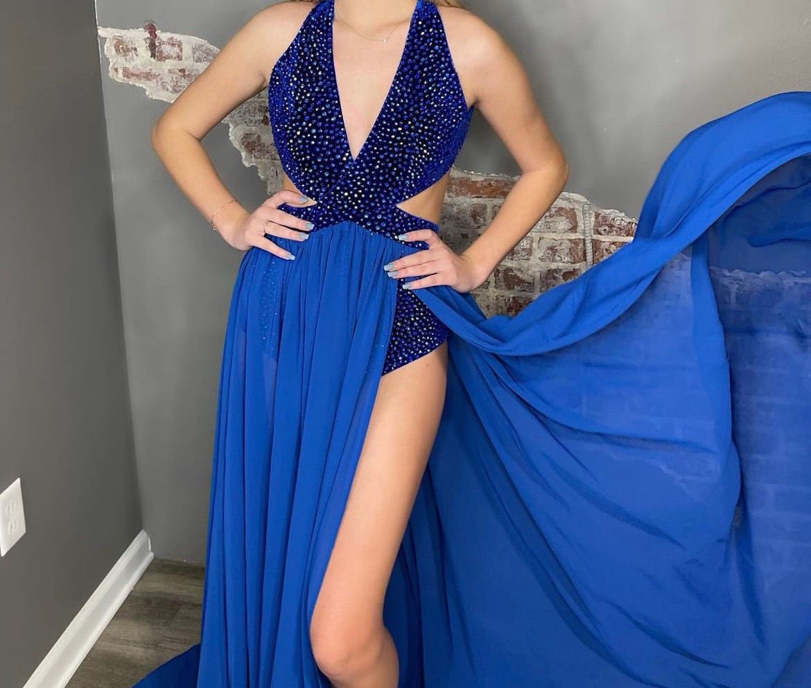 Johnathan Kayne Size 6 Prom Halter Sequined Blue Floor Length Maxi on Queenly