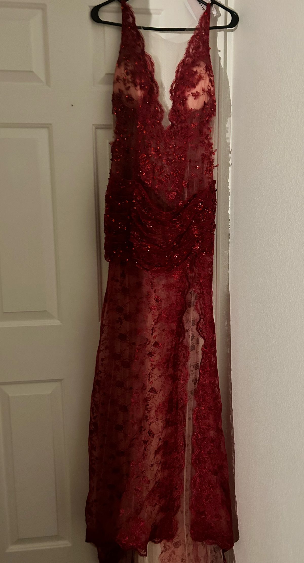 Size 2 Prom Sheer Burgundy Red Mermaid Dress on Queenly