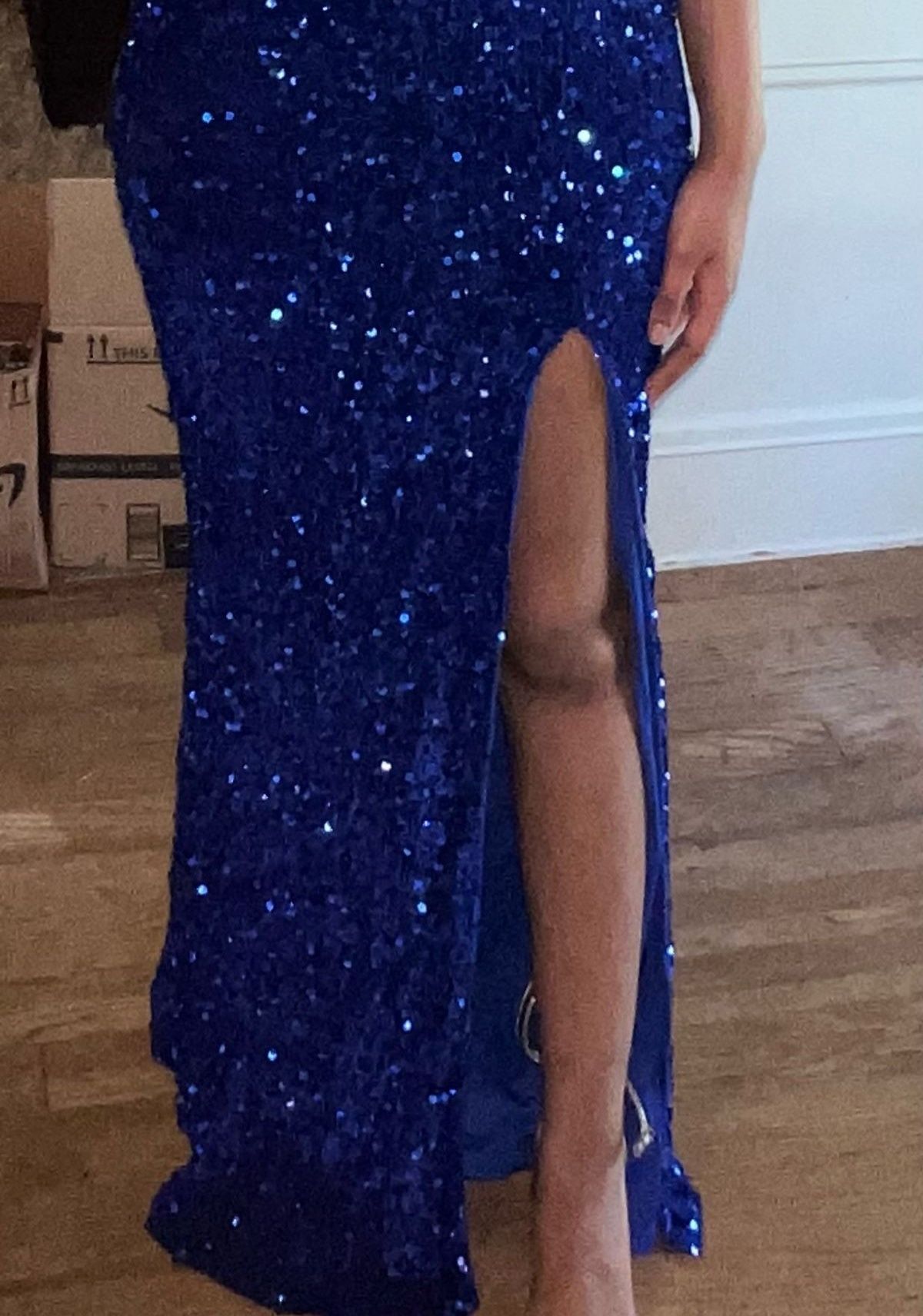 Size 6 Prom Strapless Sequined Royal Blue Side Slit Dress on Queenly