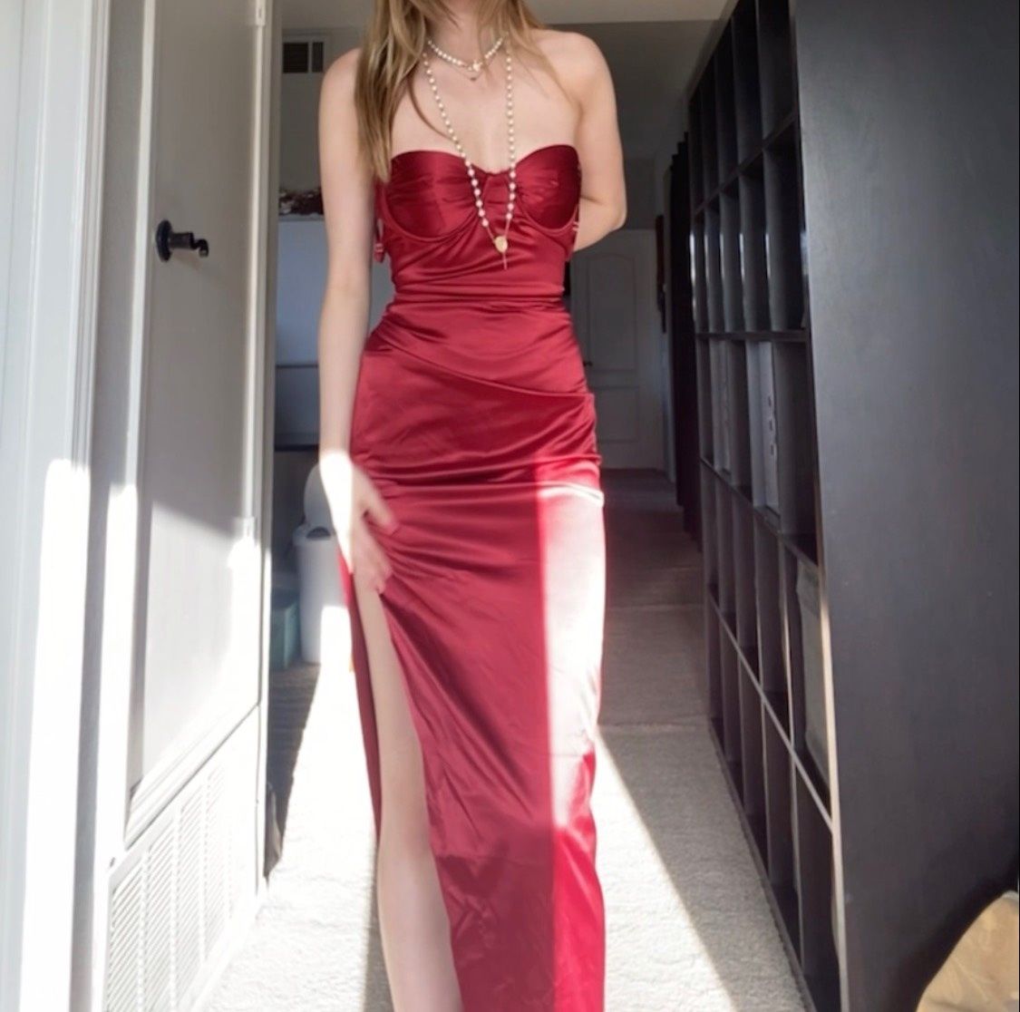 Size M Prom Satin Red Side Slit Dress on Queenly