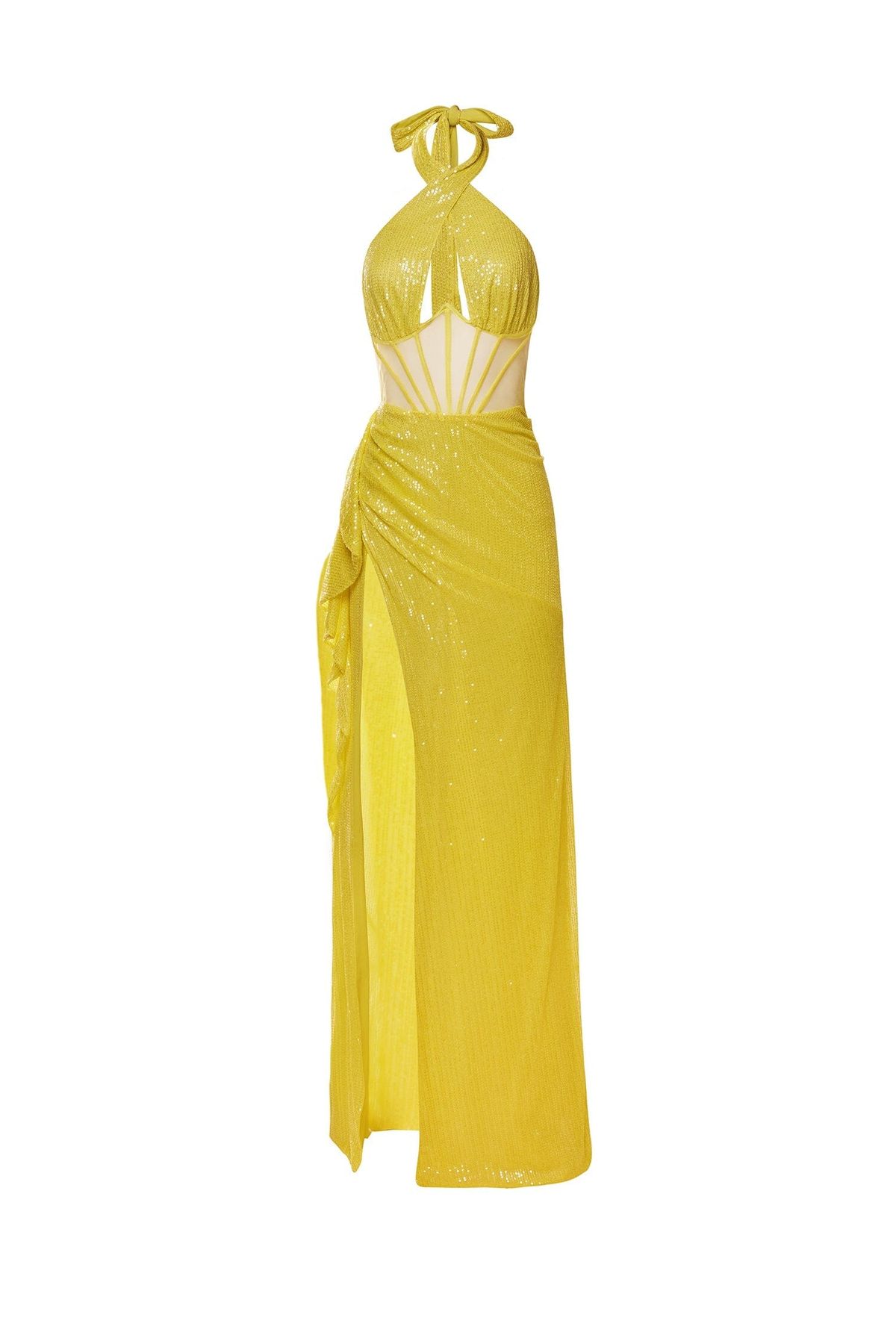 Style Mimi Alamour The Label Size XS Halter Sheer Yellow Side Slit Dress on Queenly