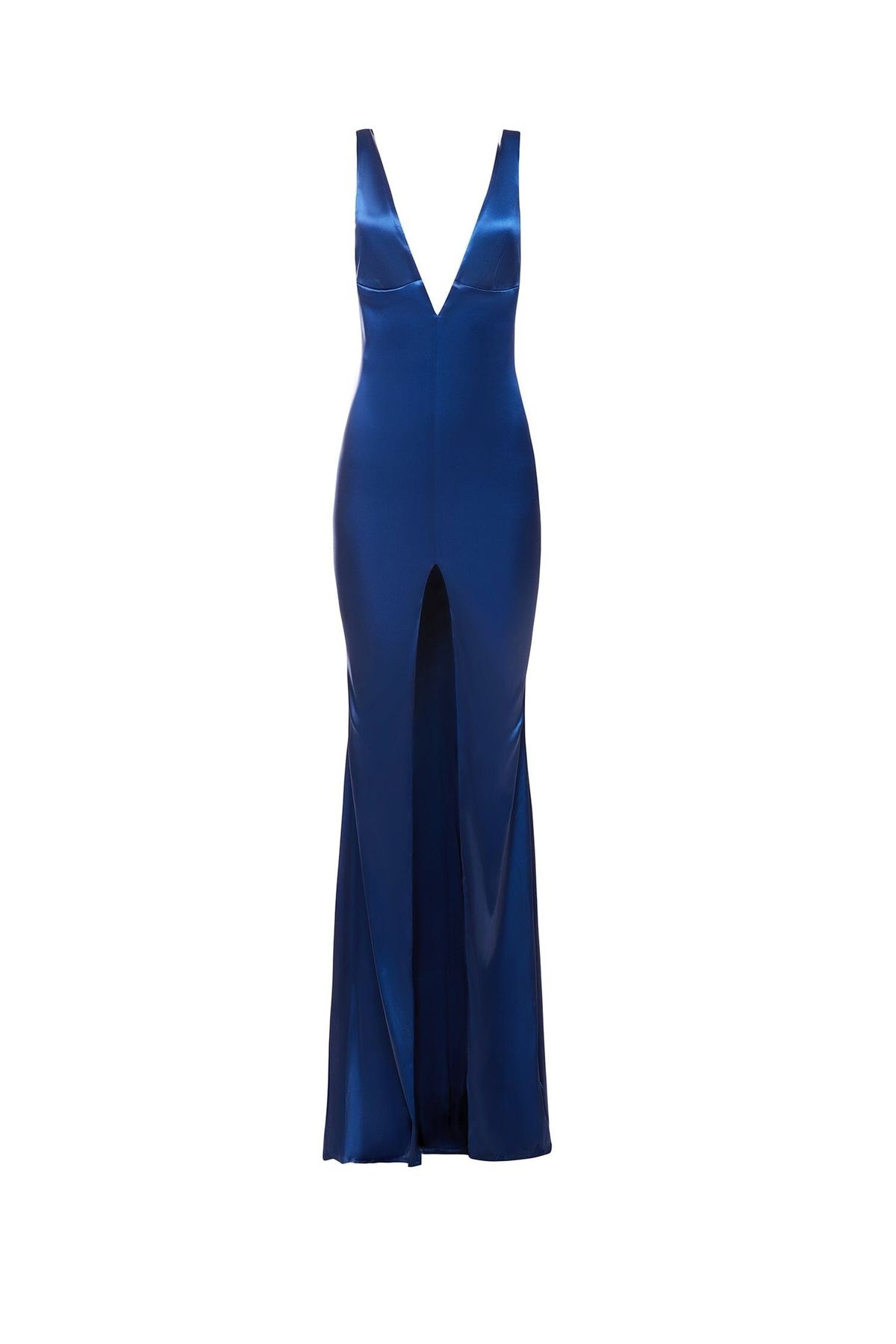 Style Ambel Alamour The Label Size L Plunge Satin Navy Blue Side Slit Dress on Queenly