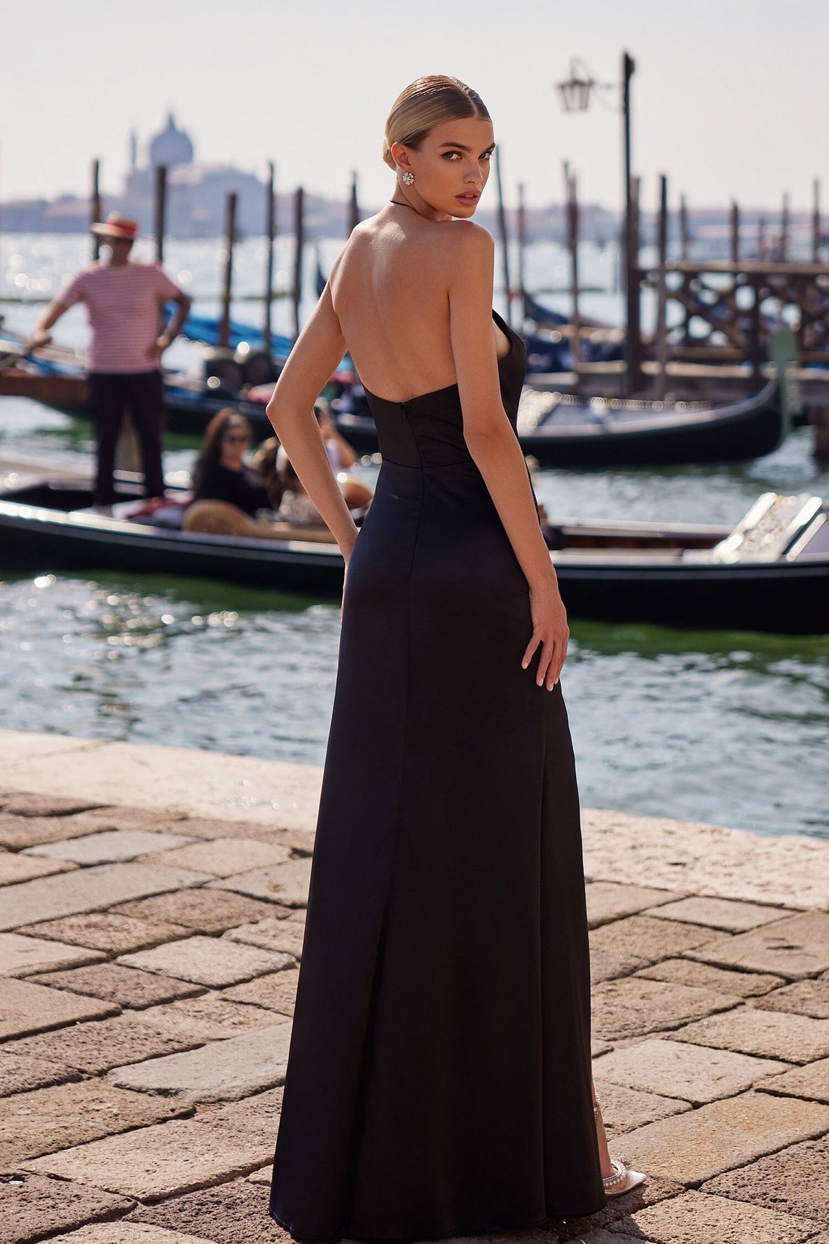 Style Mylene Alamour The Label Size L Halter Satin Black Side Slit Dress on Queenly