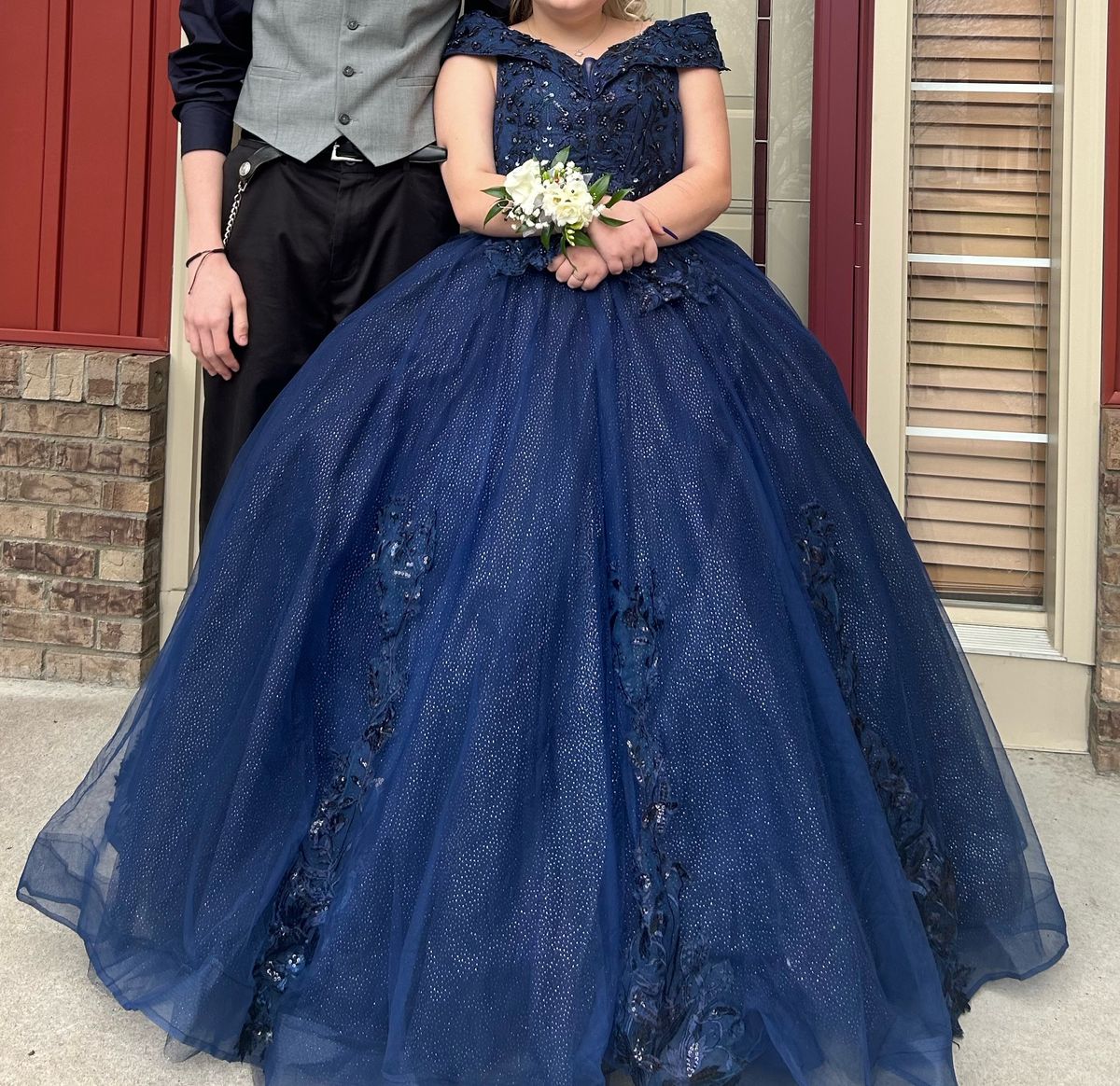 Size 14 Prom Off The Shoulder Navy Blue Ball Gown on Queenly