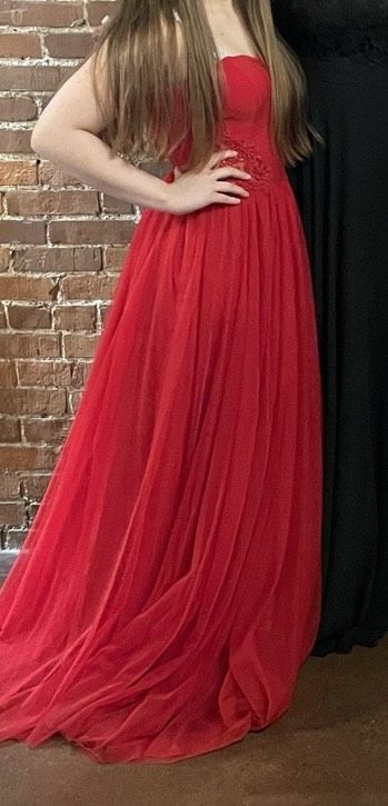 DJ-Jaz Size 4 Prom High Neck Sheer Red Ball Gown on Queenly