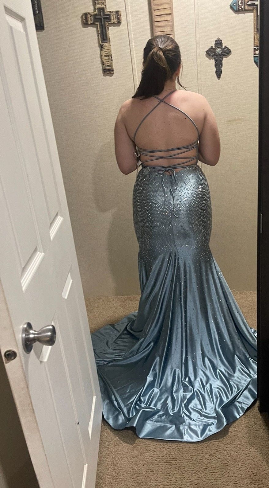 Sherri Hill Size 6 Prom Sequined Light Blue Mermaid Dress on Queenly