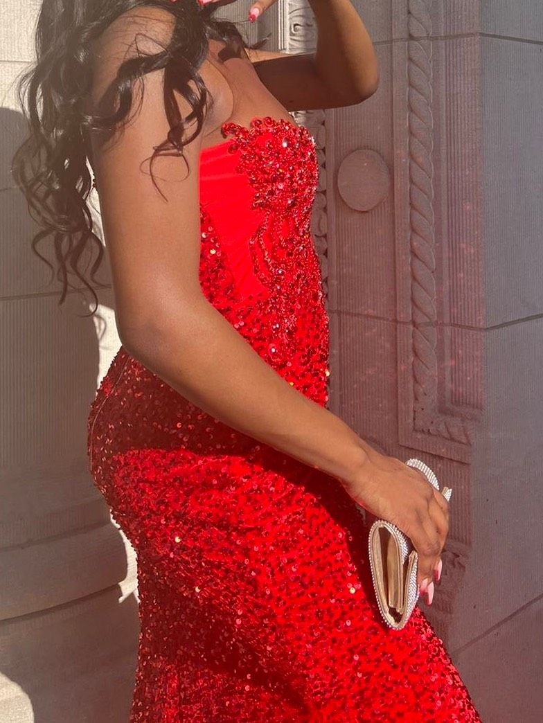 Size L Prom Strapless Red Side Slit Dress on Queenly