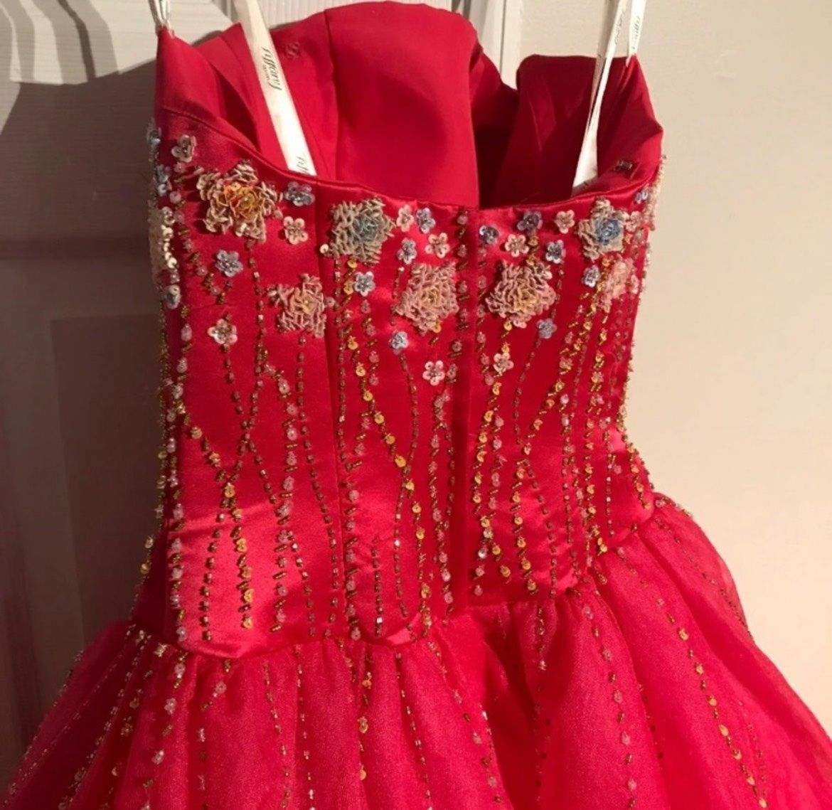Tiffany Designs Size 2 Strapless Floral Hot Pink Ball Gown on Queenly