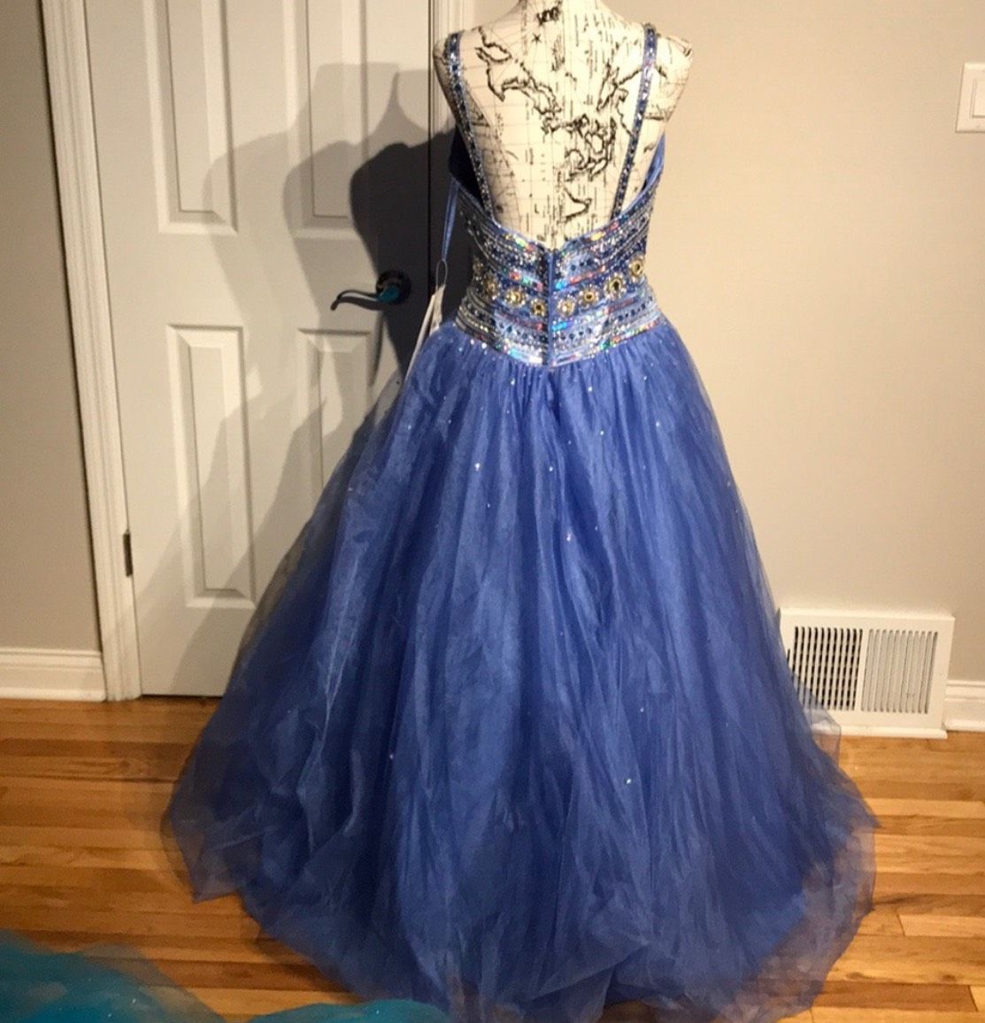 Privada Size 8 Halter Sequined Light Blue Ball Gown on Queenly