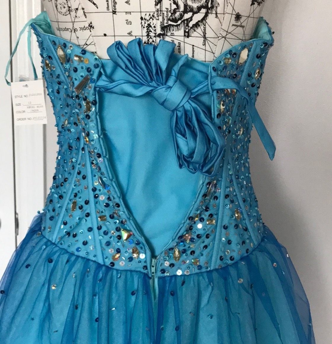 Size 12 Prom Strapless Sequined Turquoise Blue Ball Gown on Queenly