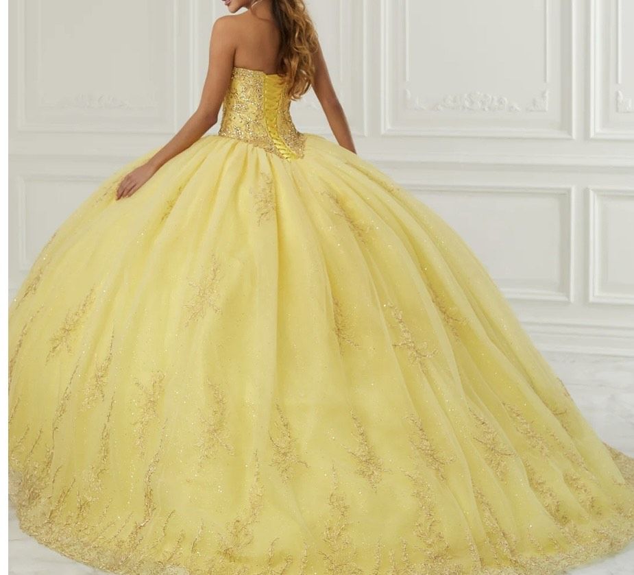 Size S Strapless Sequined Yellow Ball Gown on Queenly
