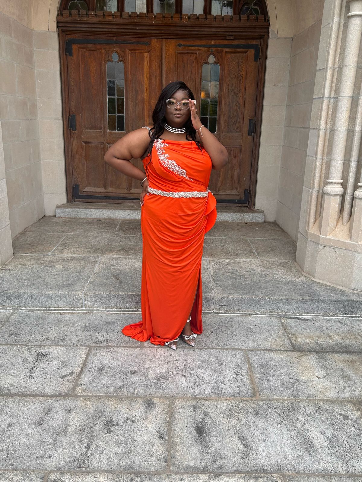 Plus Size 20 Prom One Shoulder Sequined Orange Floor Length Maxi on Queenly
