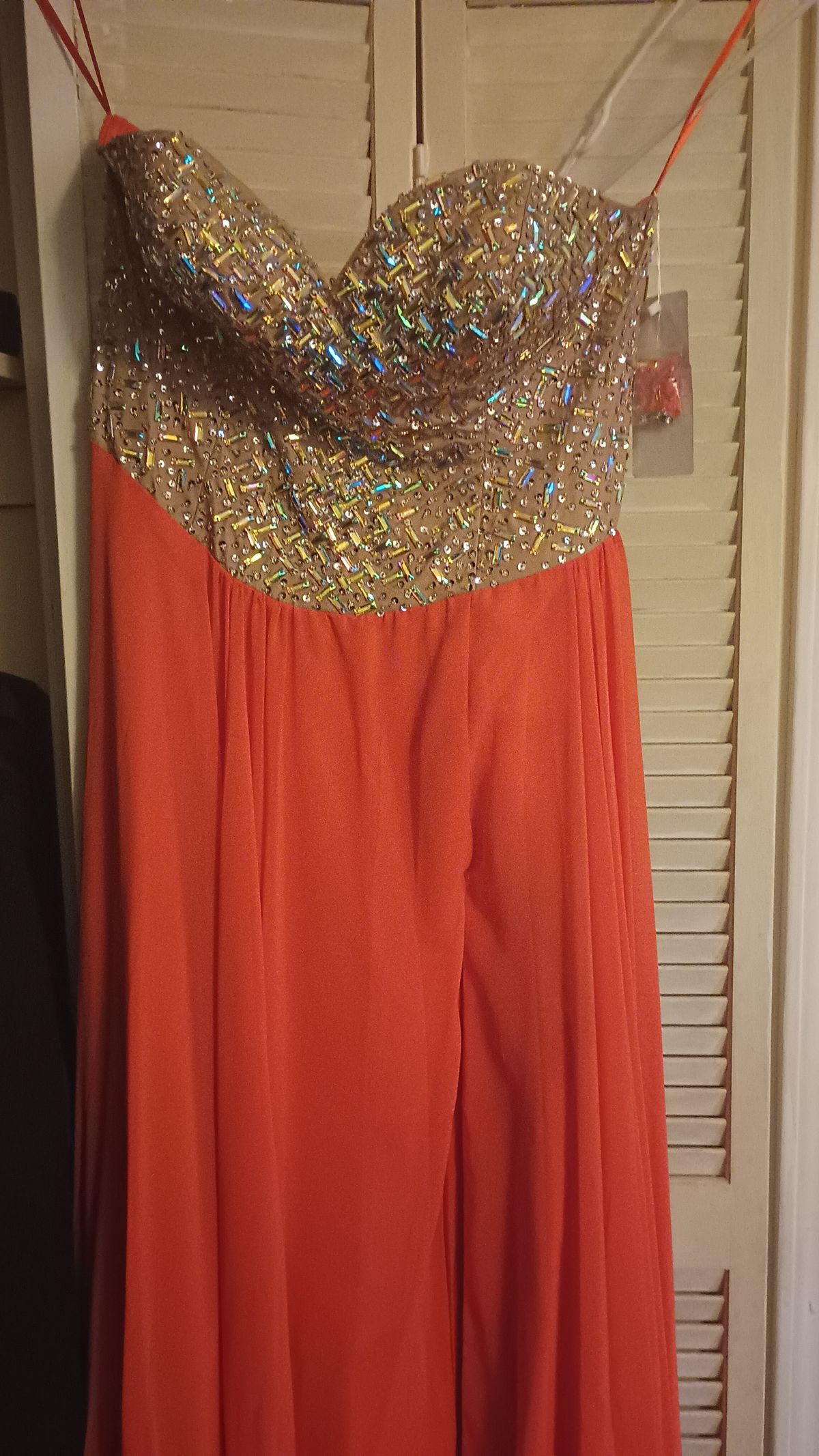 Plus Size 16 Prom Strapless Sequined Orange Side Slit Dress on Queenly