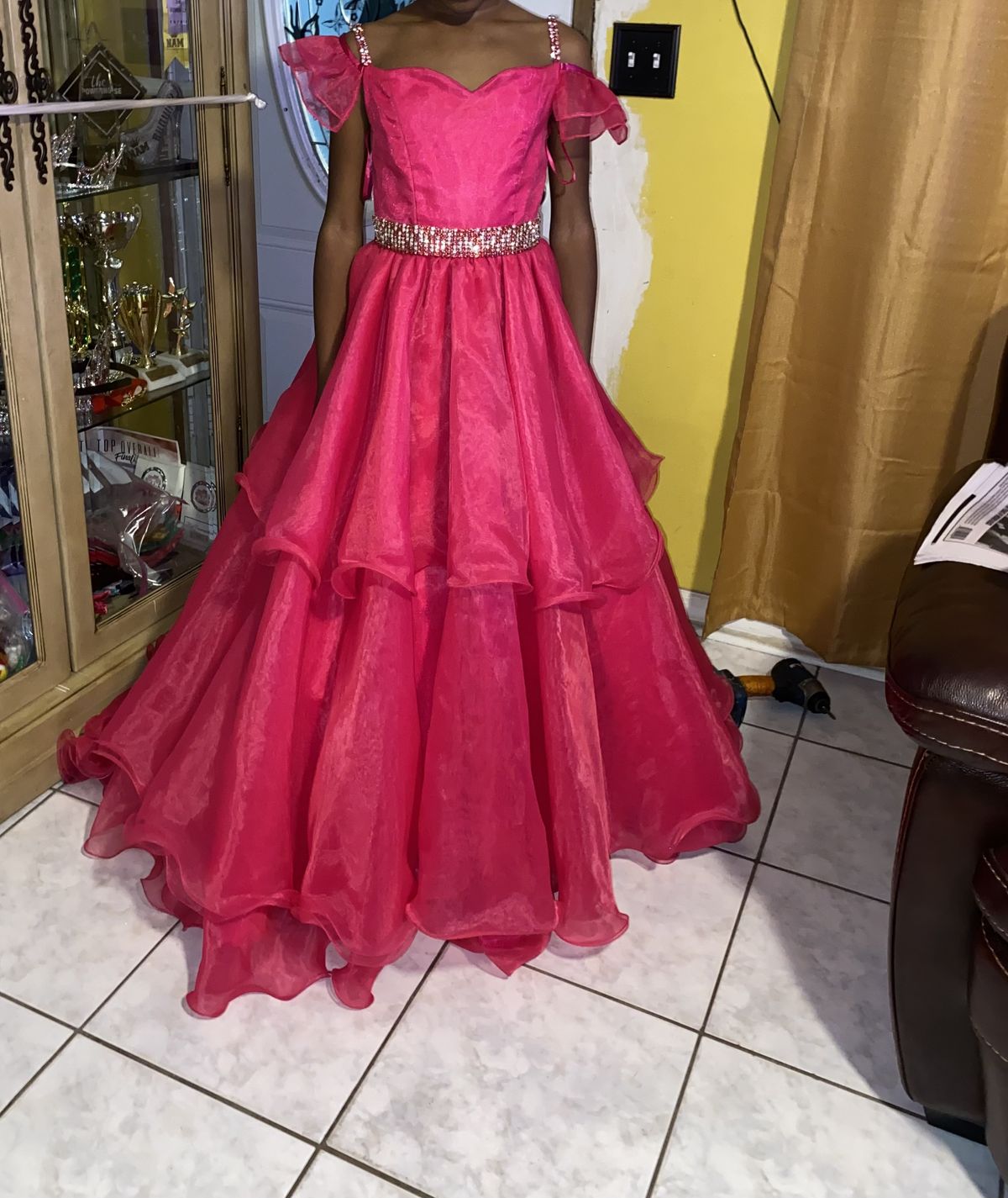Custom  Girls Size 10 Pageant Off The Shoulder Hot Pink Ball Gown on Queenly