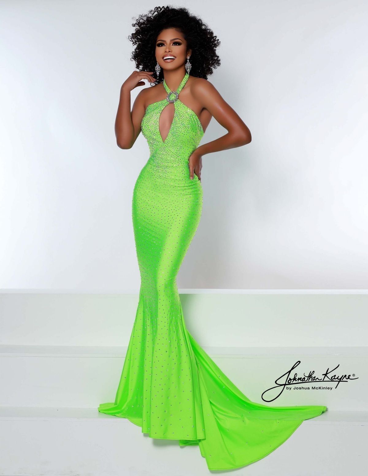 Johnathan Kayne Size 4 Pageant Halter Sequined Lime Green Dress With Train on Queenly