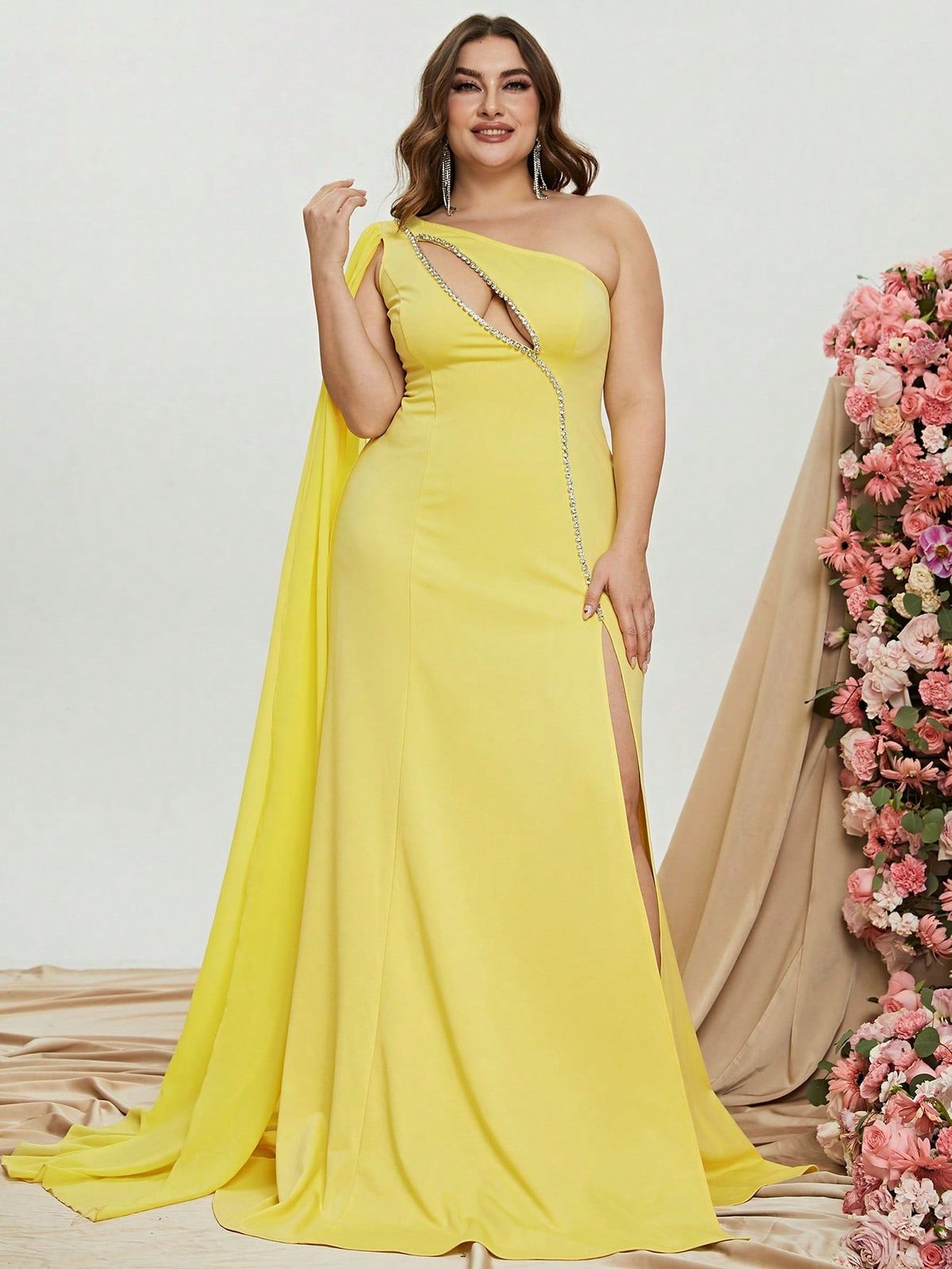 Style FSWD0945P Faeriesty Size 1X One Shoulder Sequined Yellow Side Slit Dress on Queenly