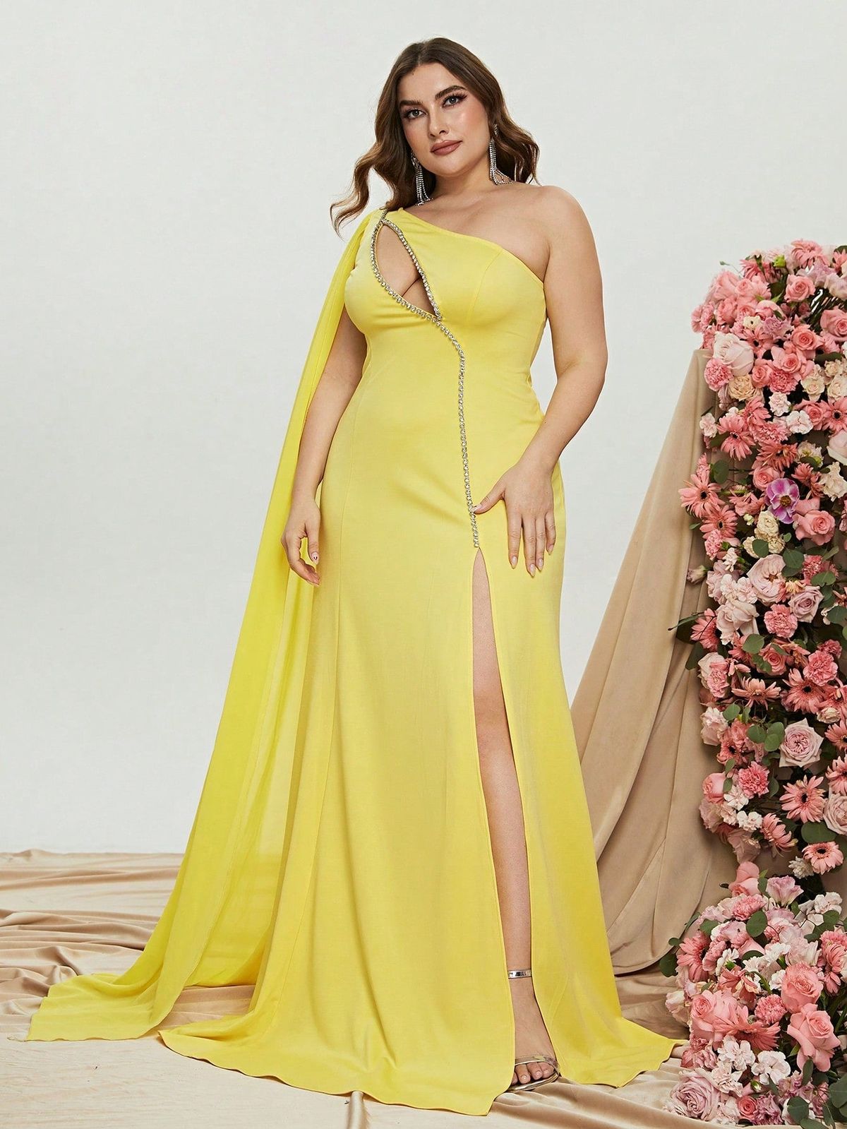 Style FSWD0945P Faeriesty Size 2X One Shoulder Sequined Yellow Side Slit Dress on Queenly